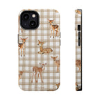 Phone case with deer illustrations on a checkered pattern