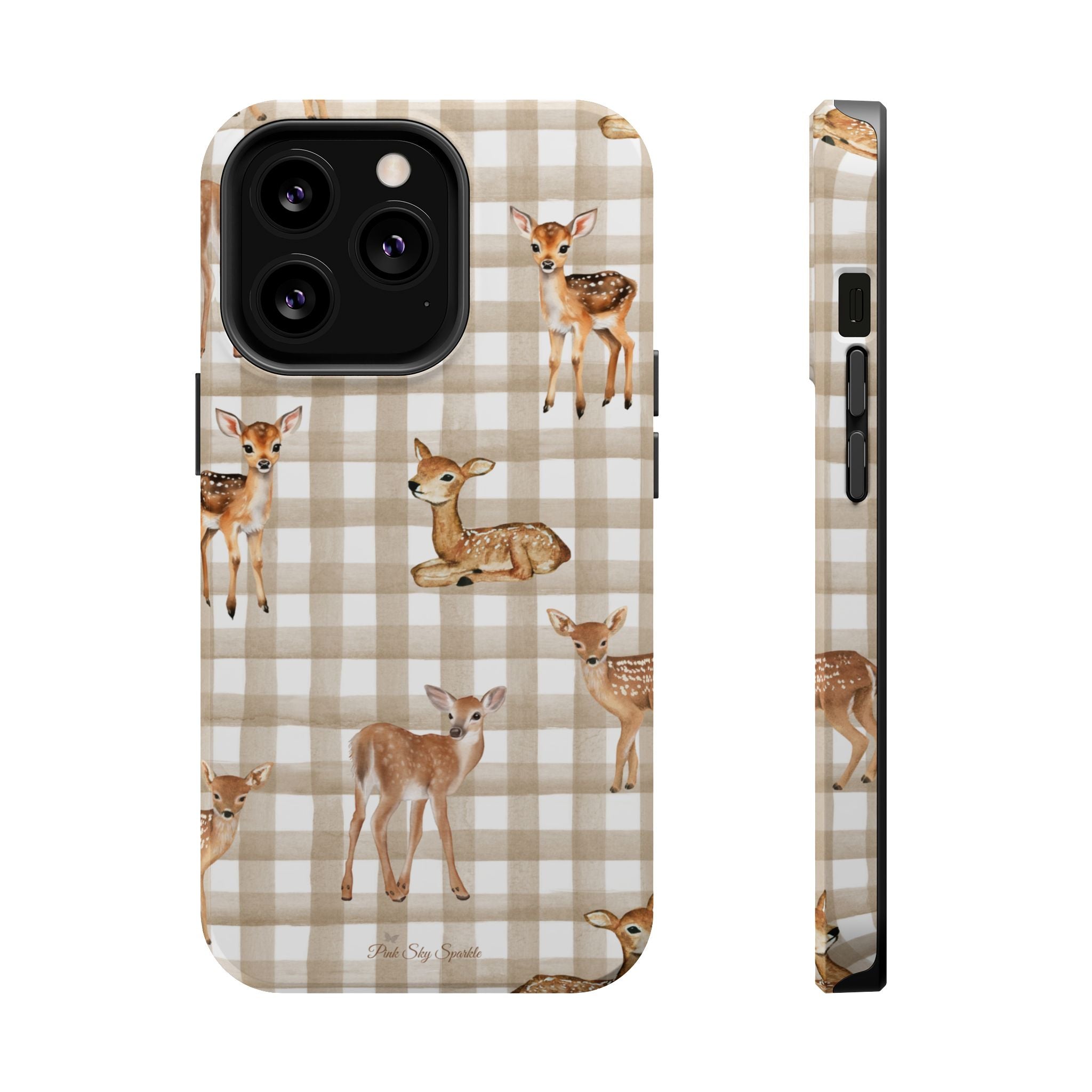 Phone case with deer design on a plaid pattern