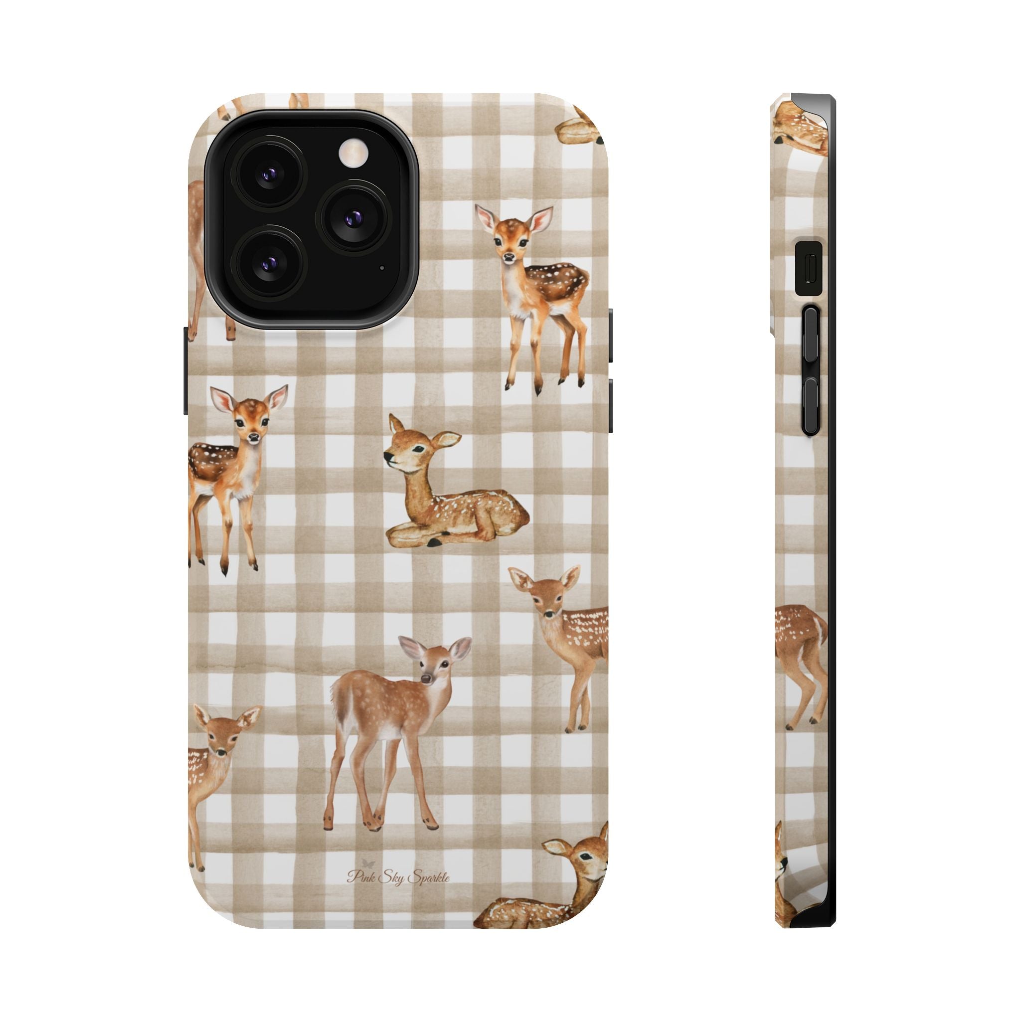 Phone case with deer illustrations on a plaid pattern
