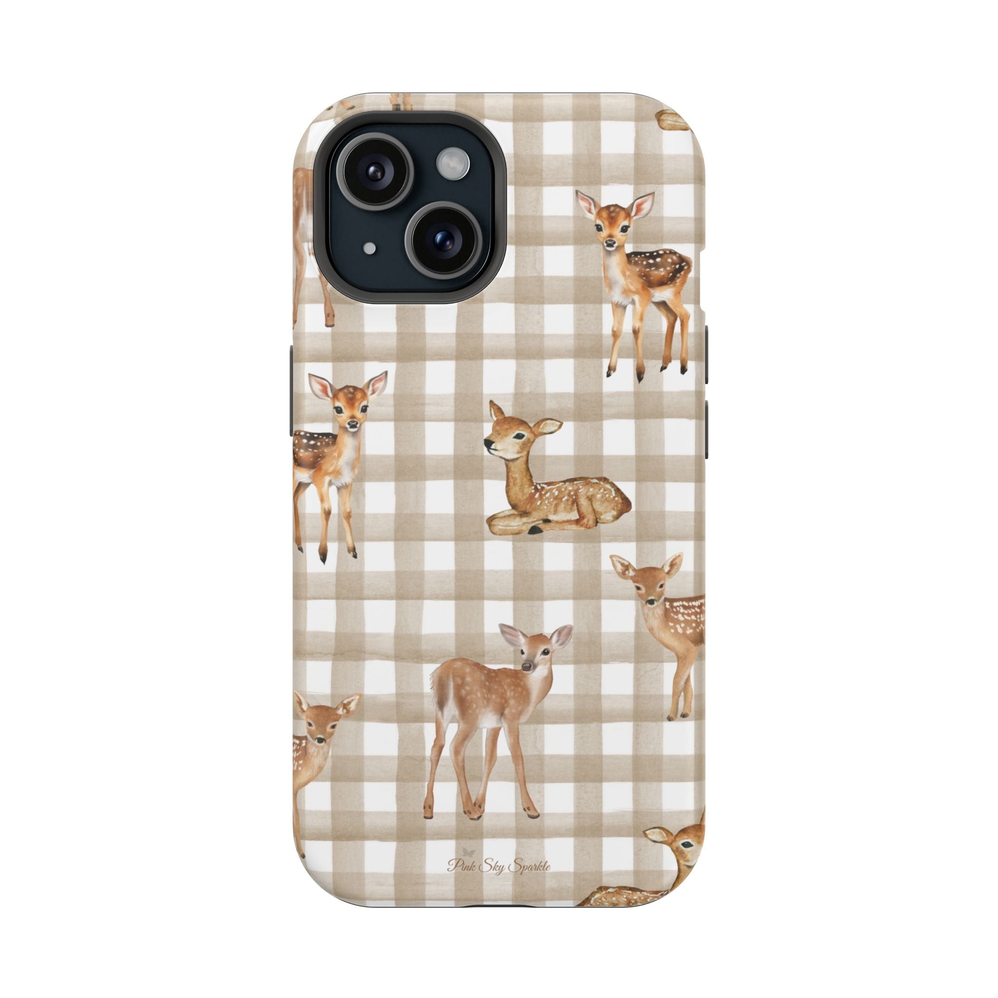 Phone case with deer pattern on a checkered background