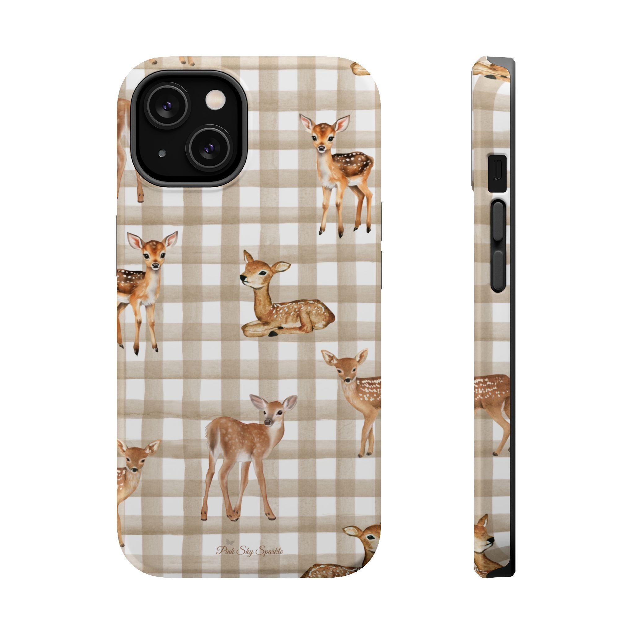 Phone case with deer design on a plaid pattern