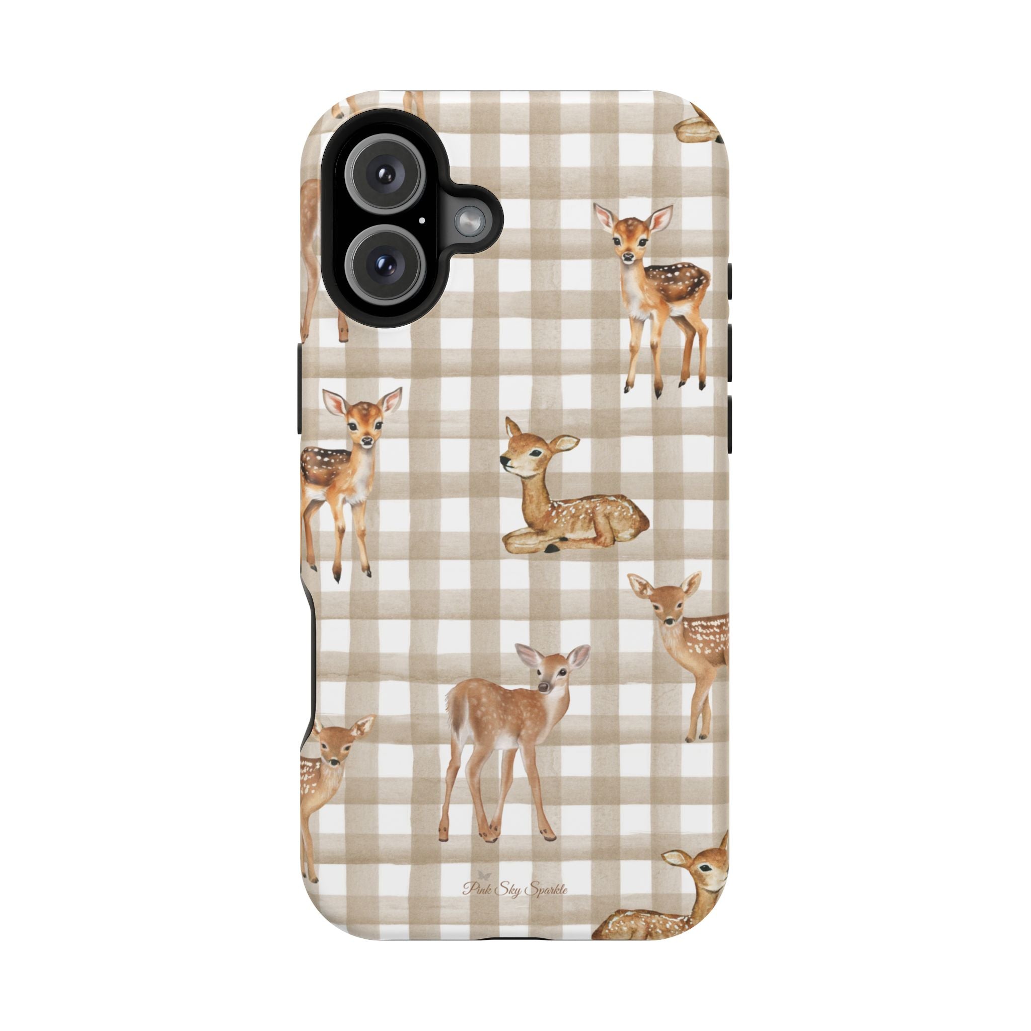 Phone case with deer pattern on a checkered background