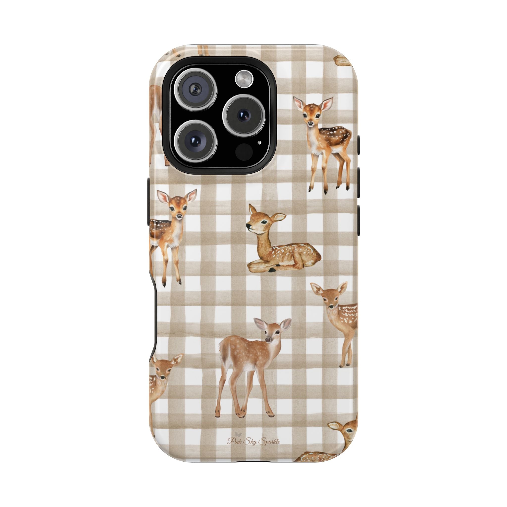 Phone case with deer pattern on a checkered background