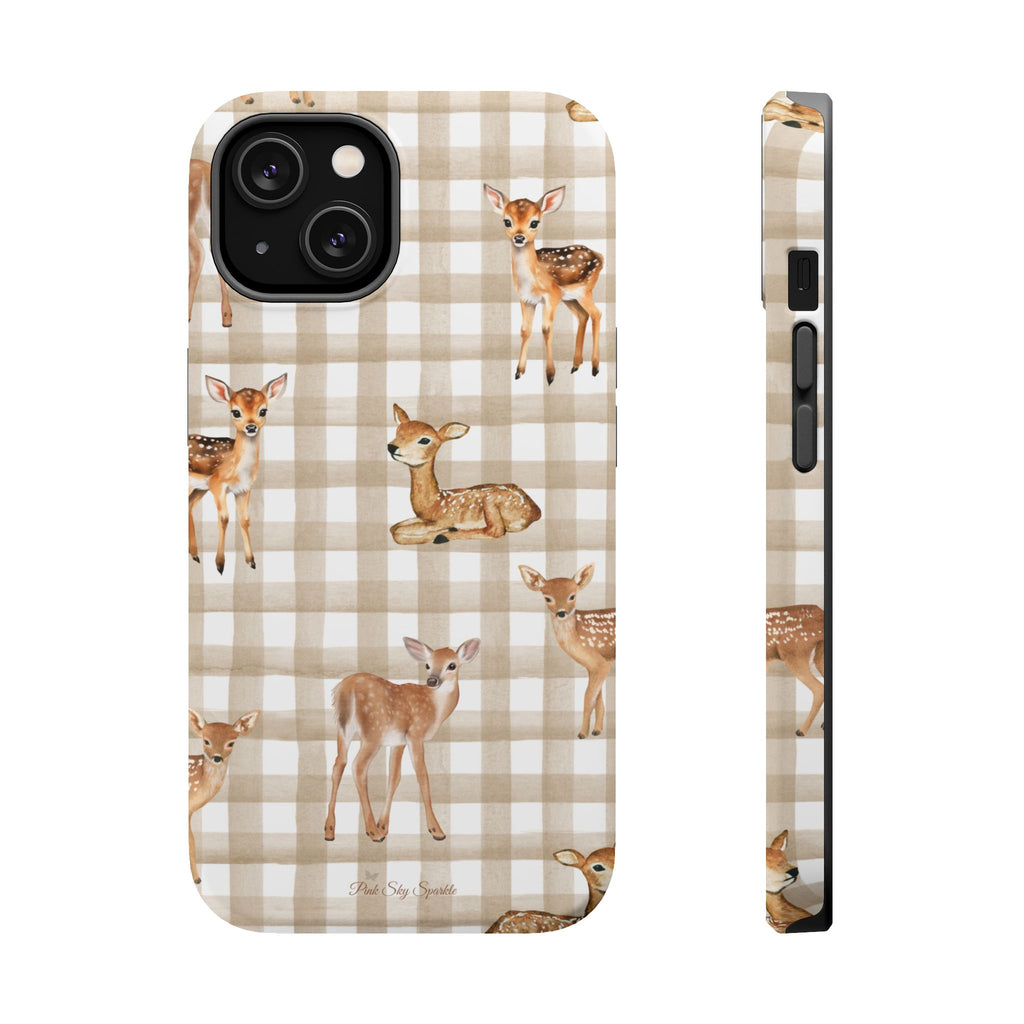 Phone case with deer design on a plaid pattern
