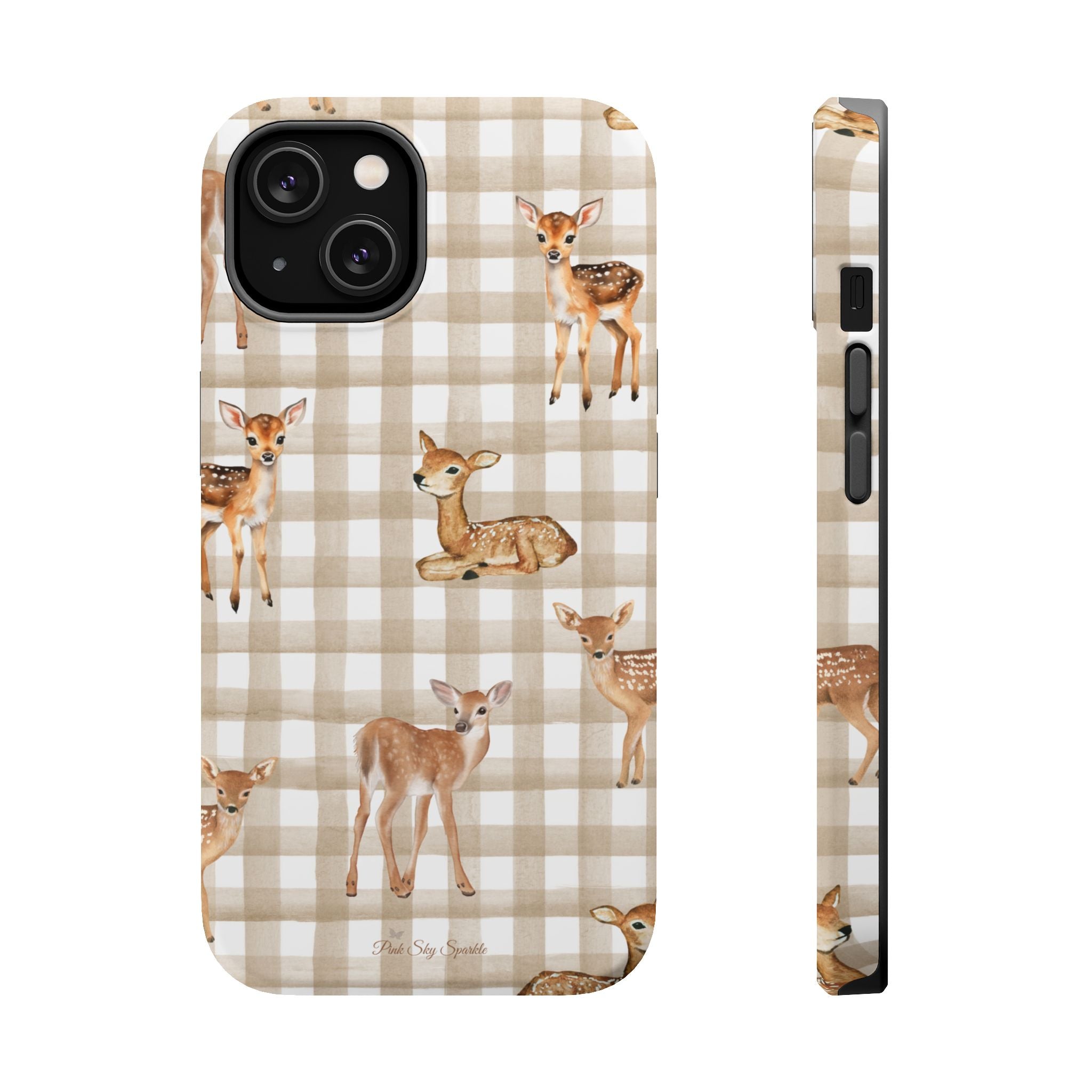 Phone case with deer design on a plaid pattern