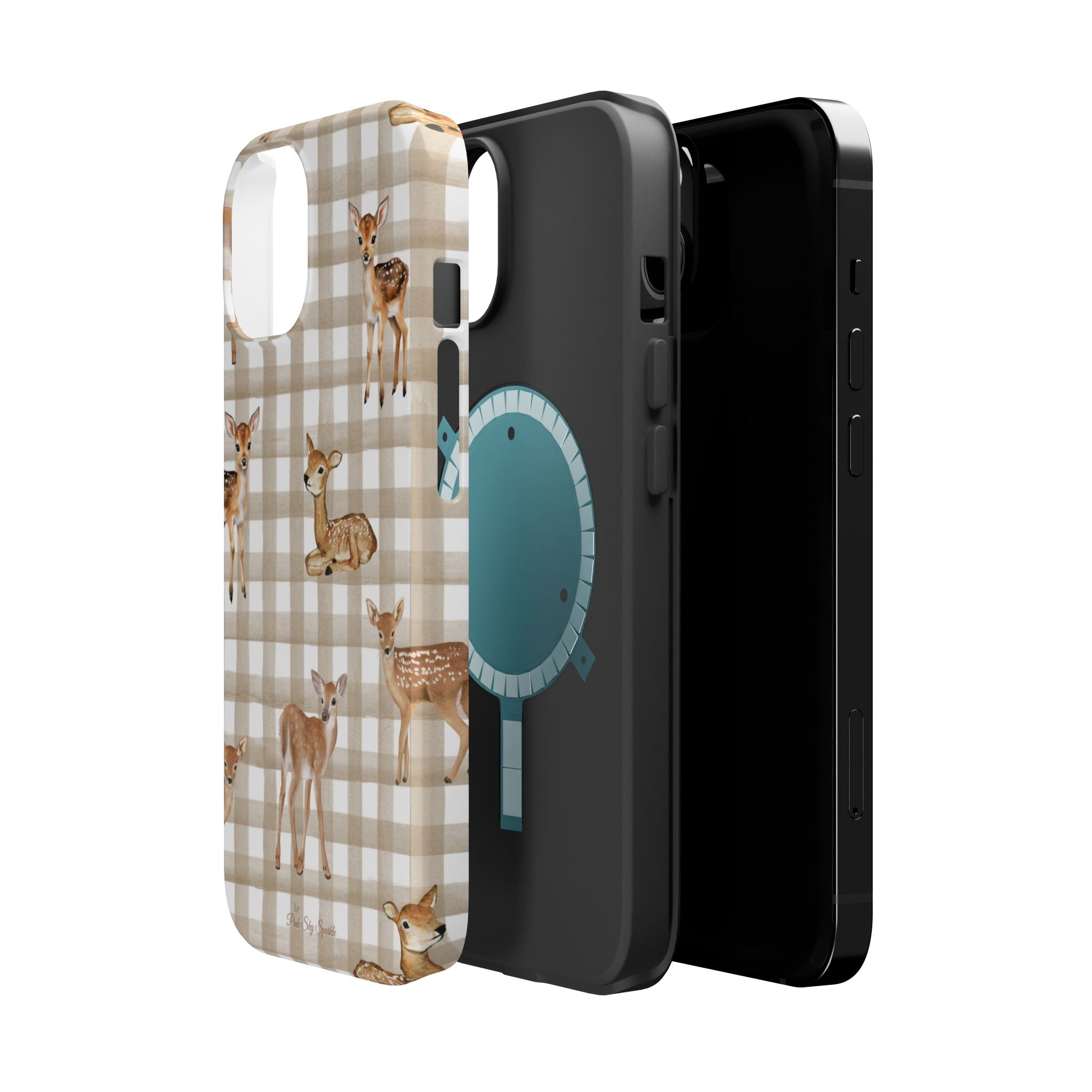 Three phone cases with different designs on a white background