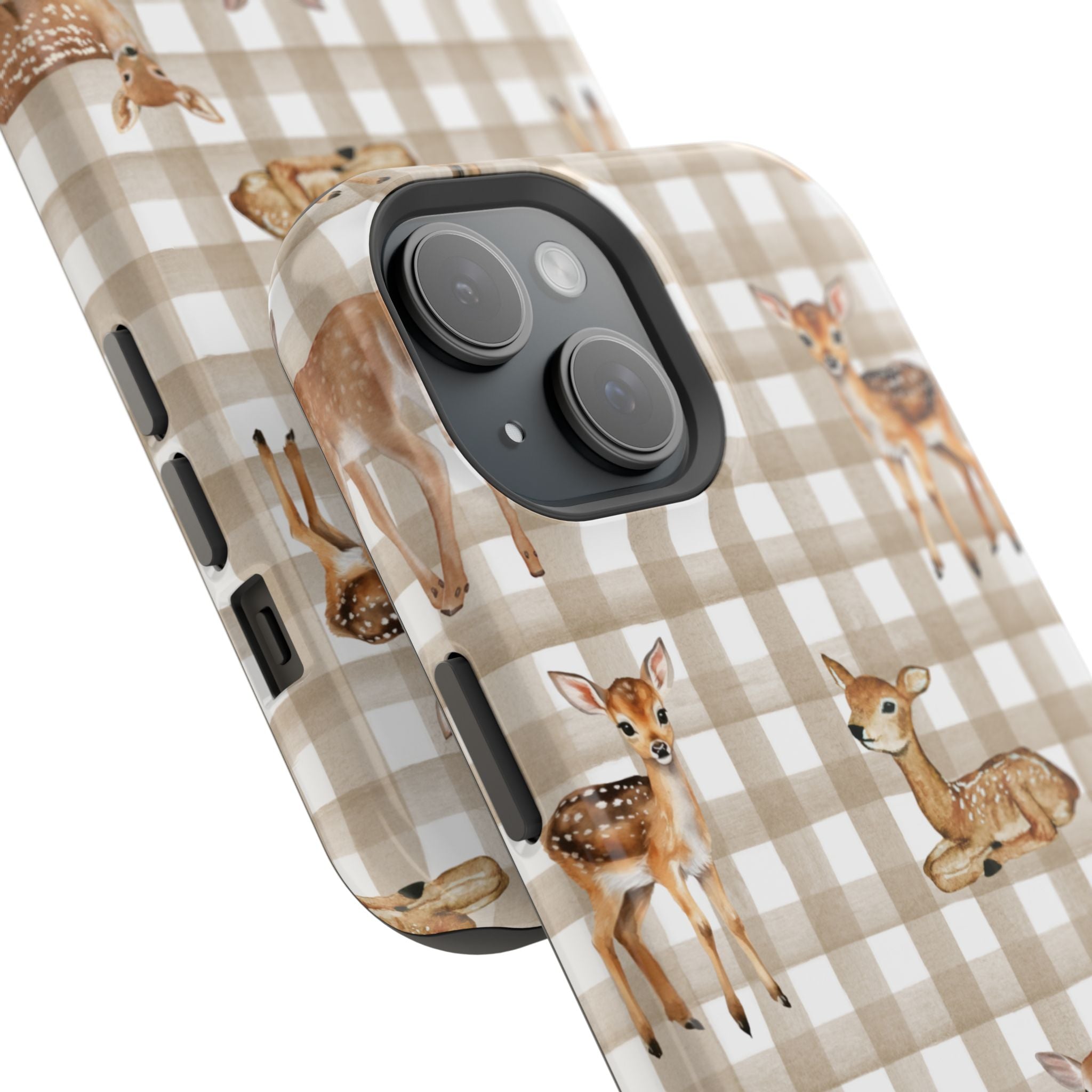 Phone case with deer design on a checkered background