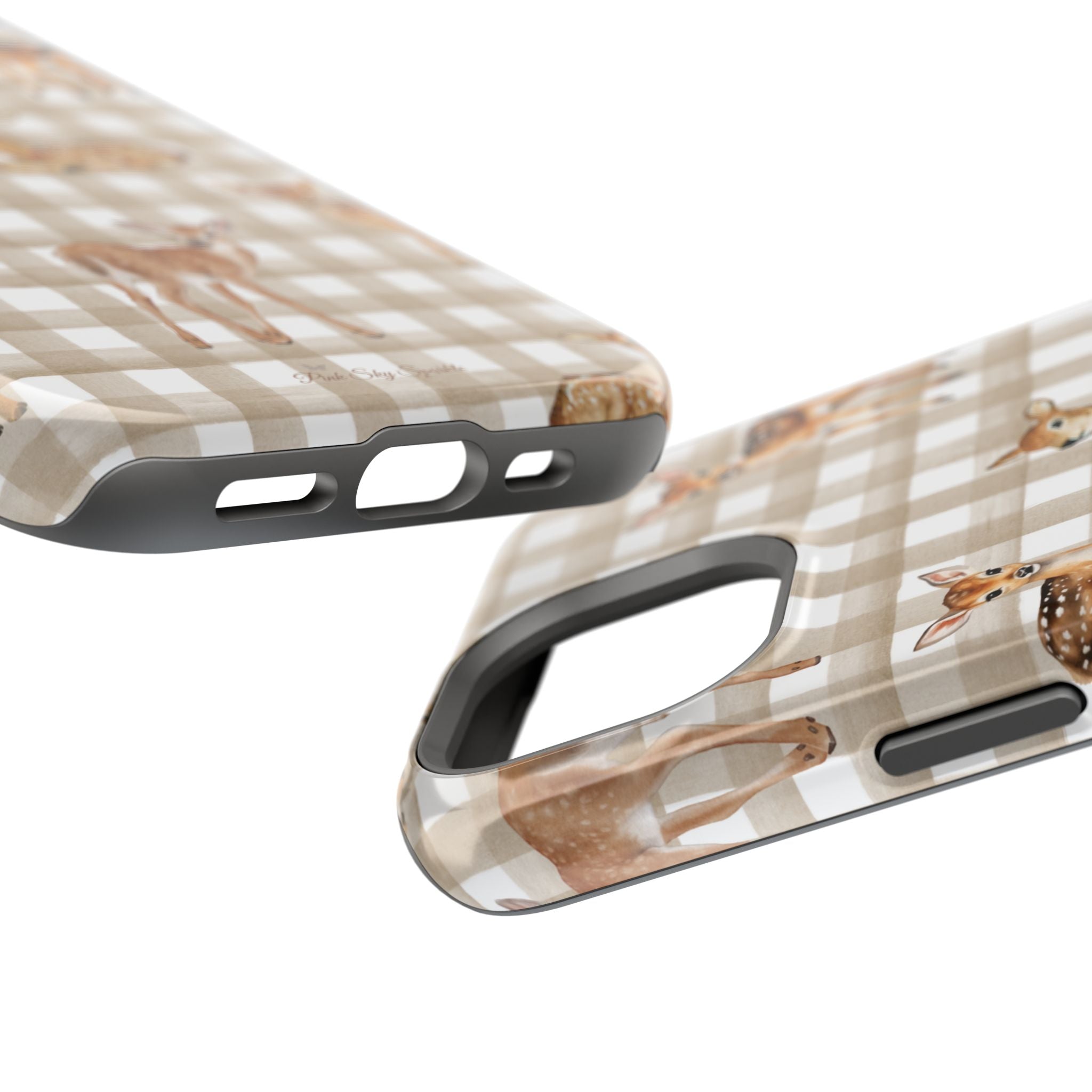 Two phone cases with checkered and deer pattern design on a white background