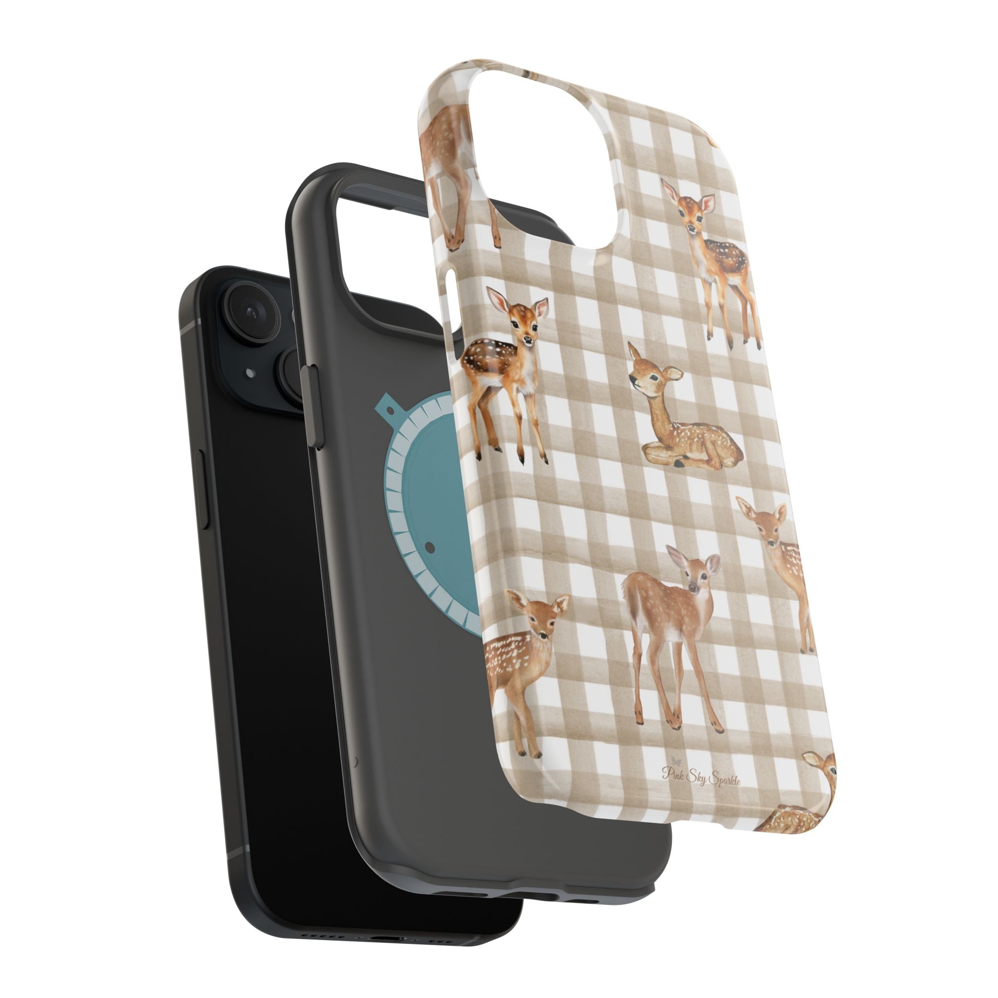 Phone case with deer pattern on a checkered background