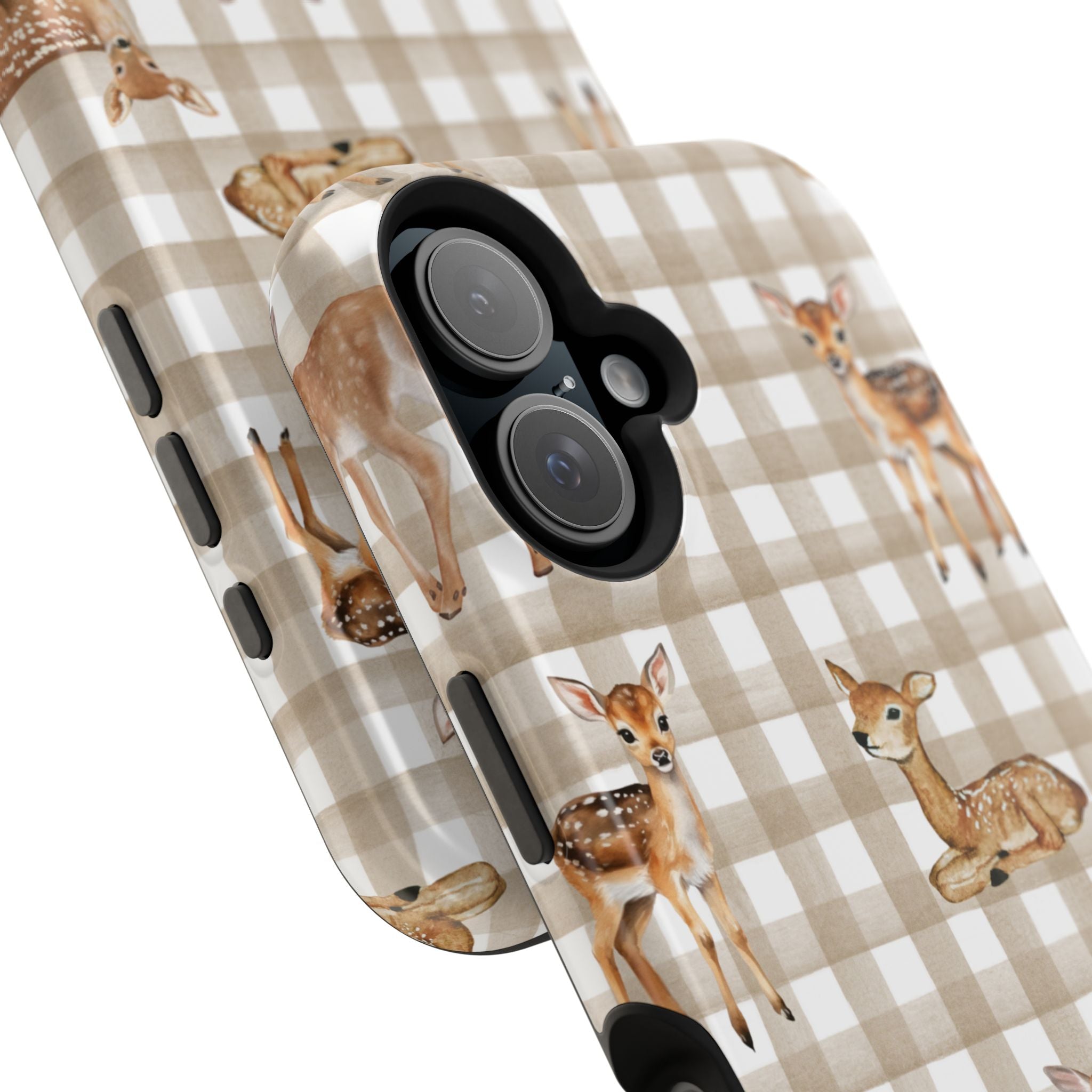 Phone case with deer pattern on a checkered background
