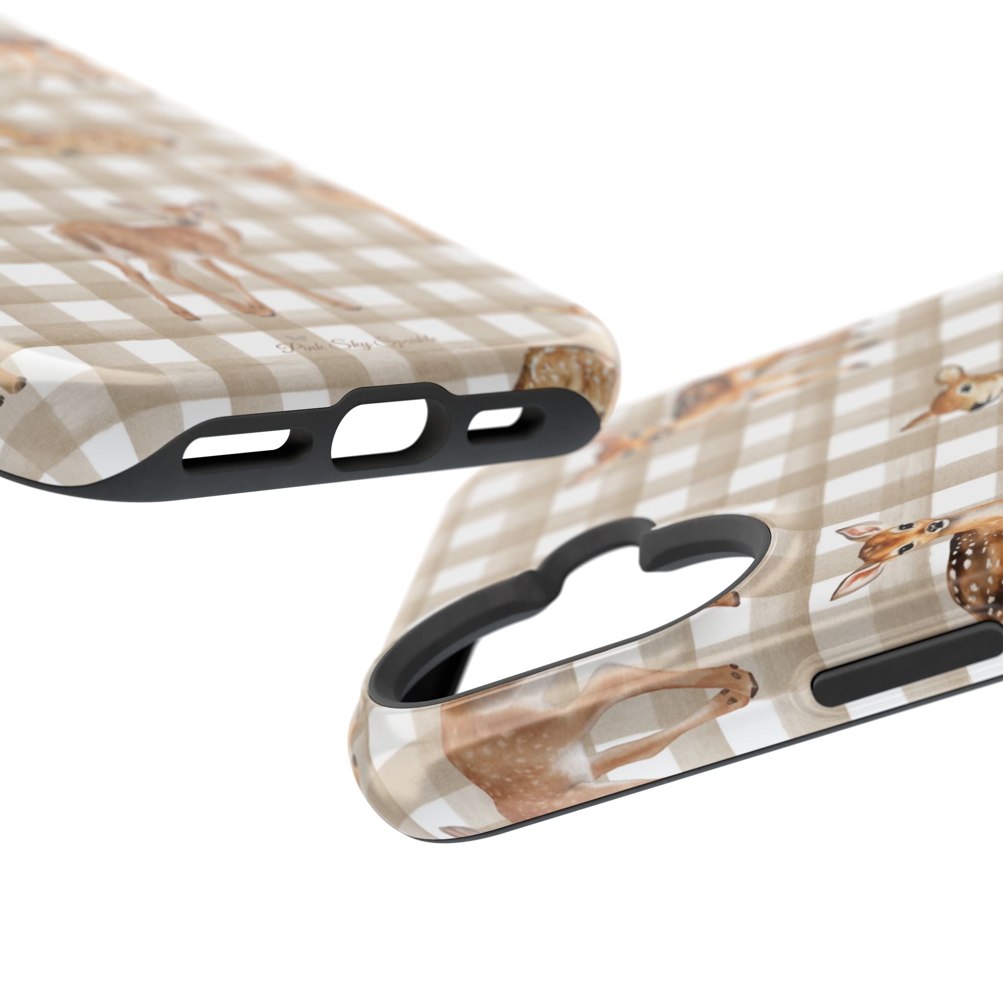 Two phone cases with checkered and deer print designs on a white background