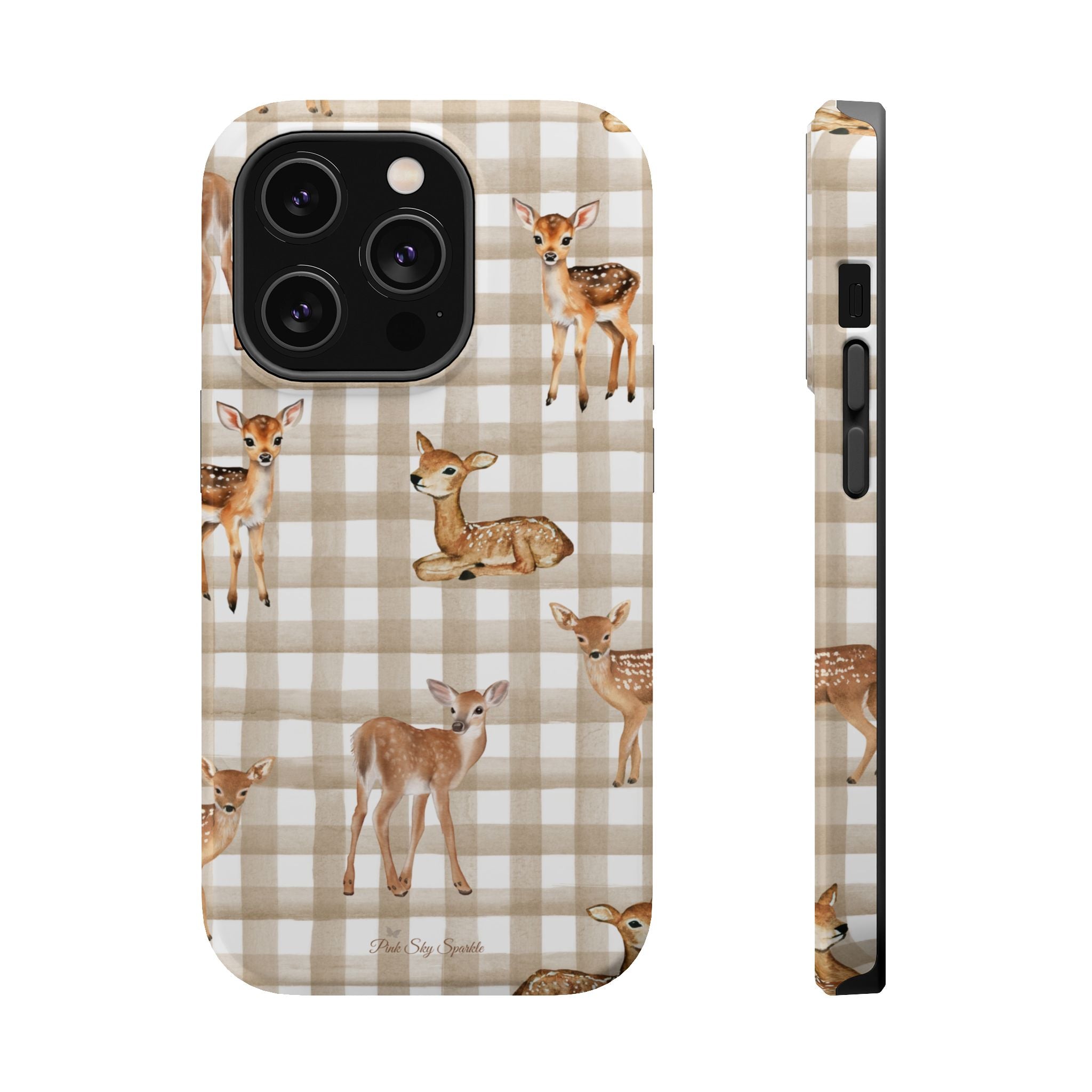 Phone case with deer design on a plaid pattern