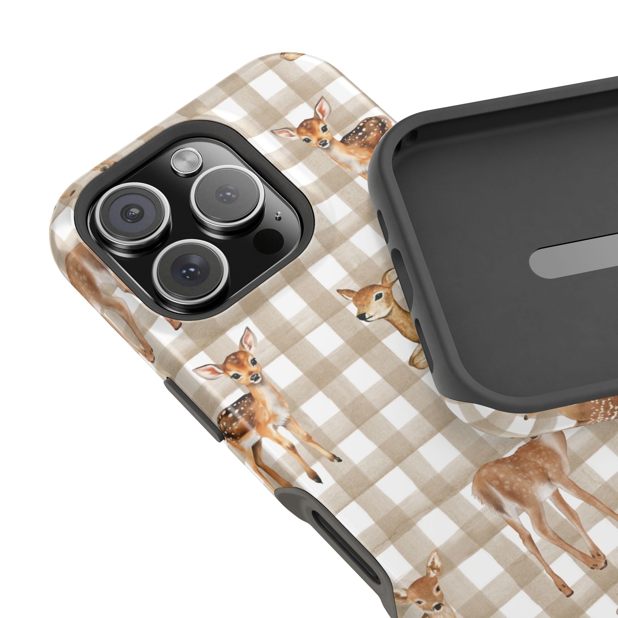 Phone case with deer pattern on a checkered background