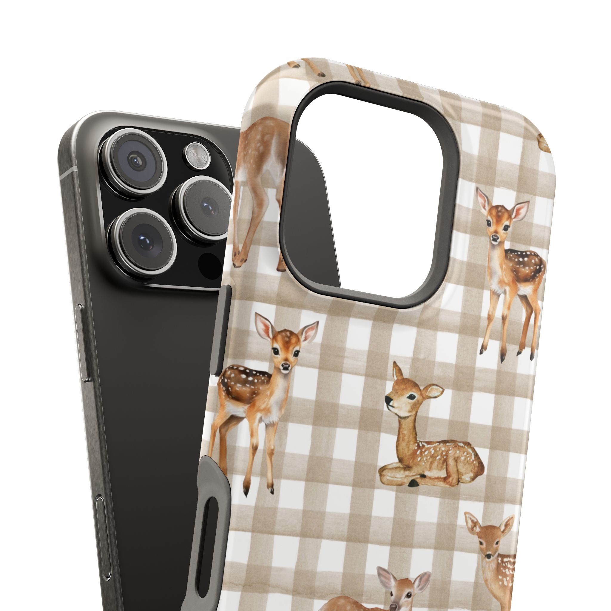 Phone case with deer design on a checkered background