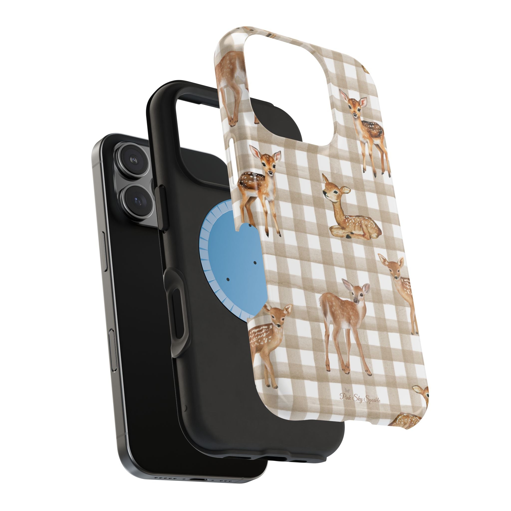 Phone case with deer pattern on a checkered background