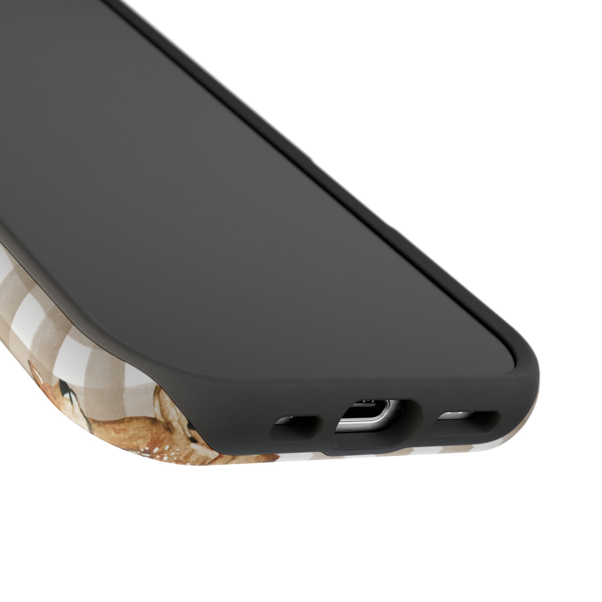 Bottom of phone case showing ports - Phone case with baby deer