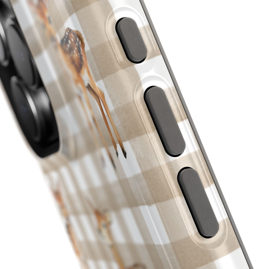 Close-up of a phone case with a deer design on a white background