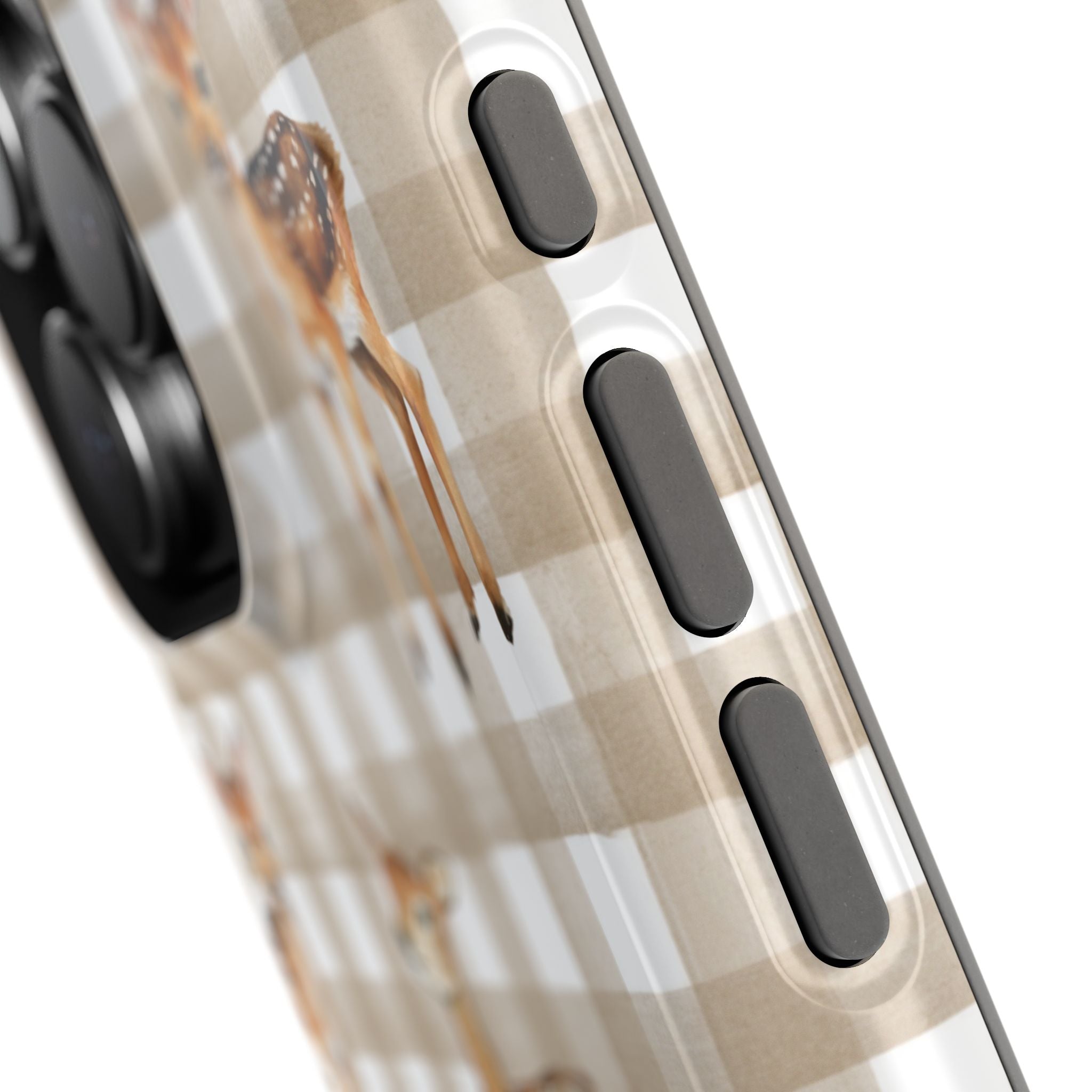 Close-up of a phone case with a deer design on a white background