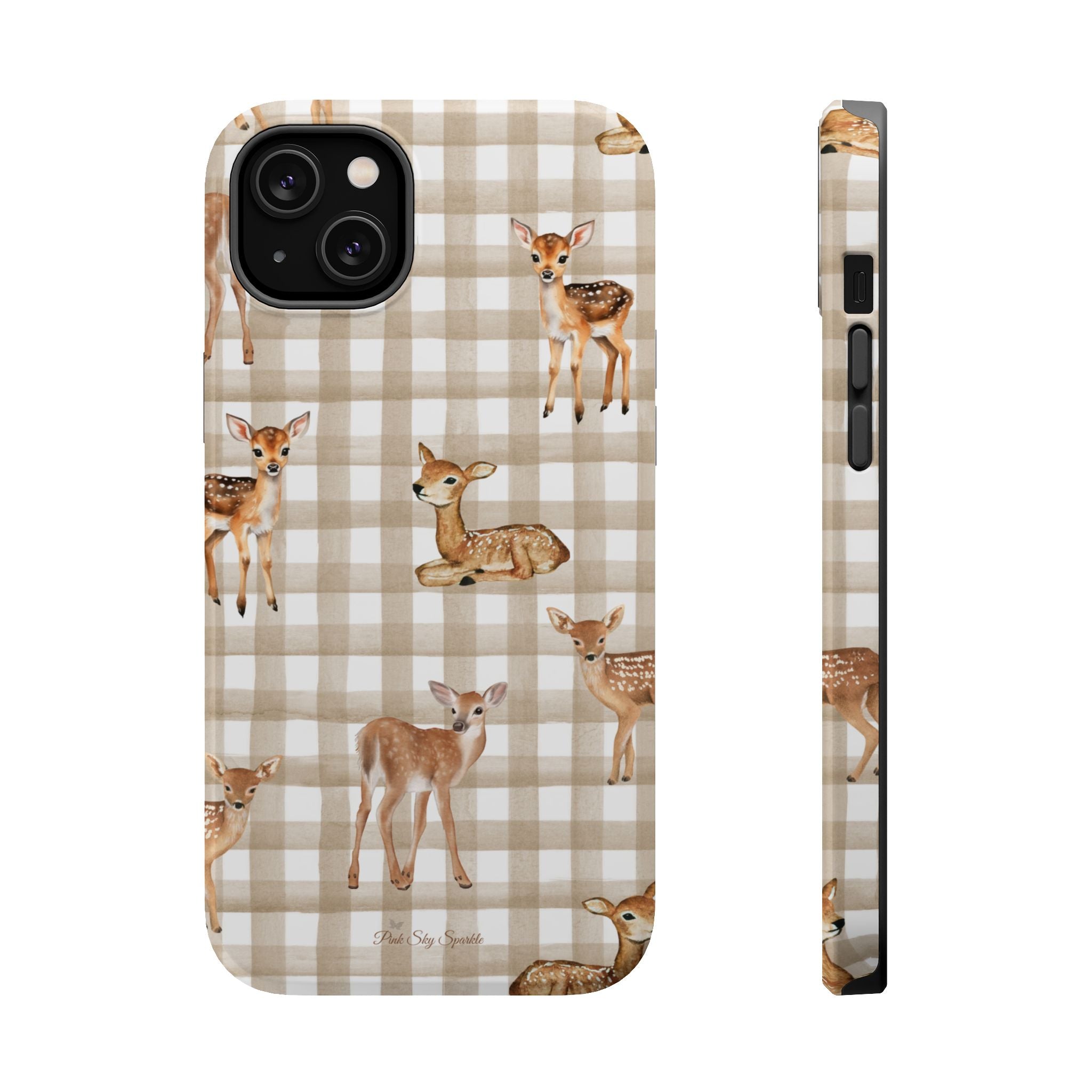 Phone case with deer illustrations on a plaid pattern