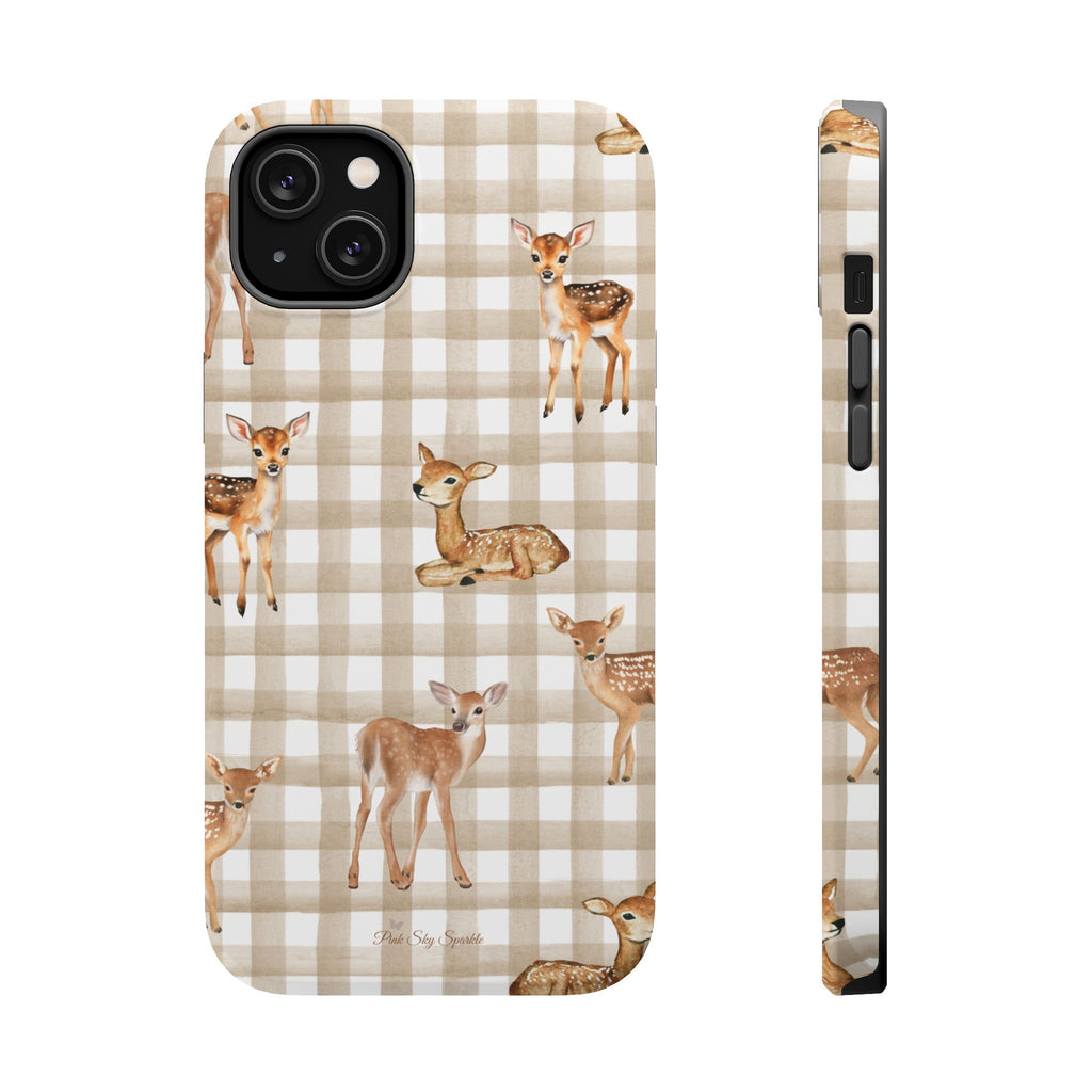 Phone case with deer pattern on a checkered background