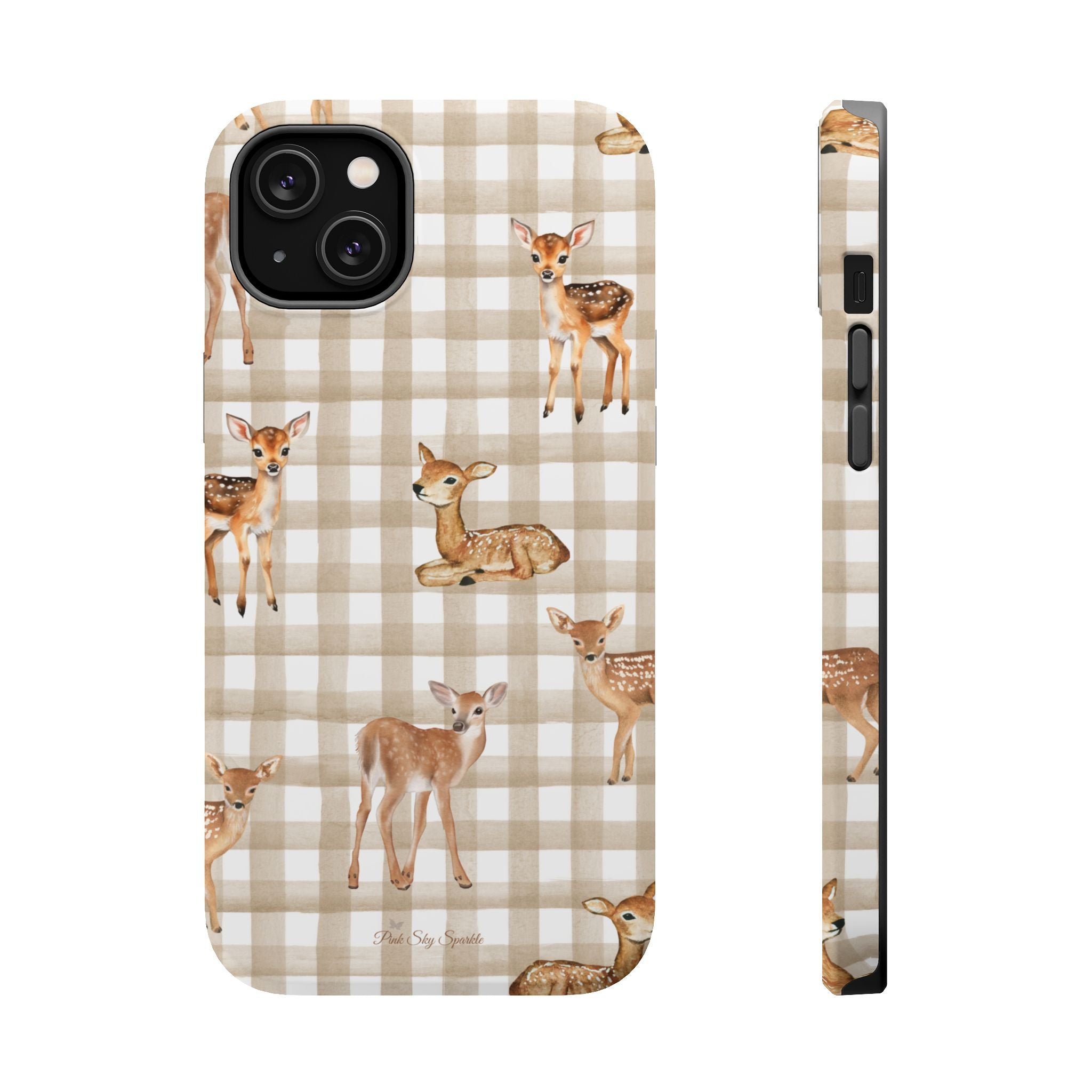 Phone case with deer pattern on a checkered background
