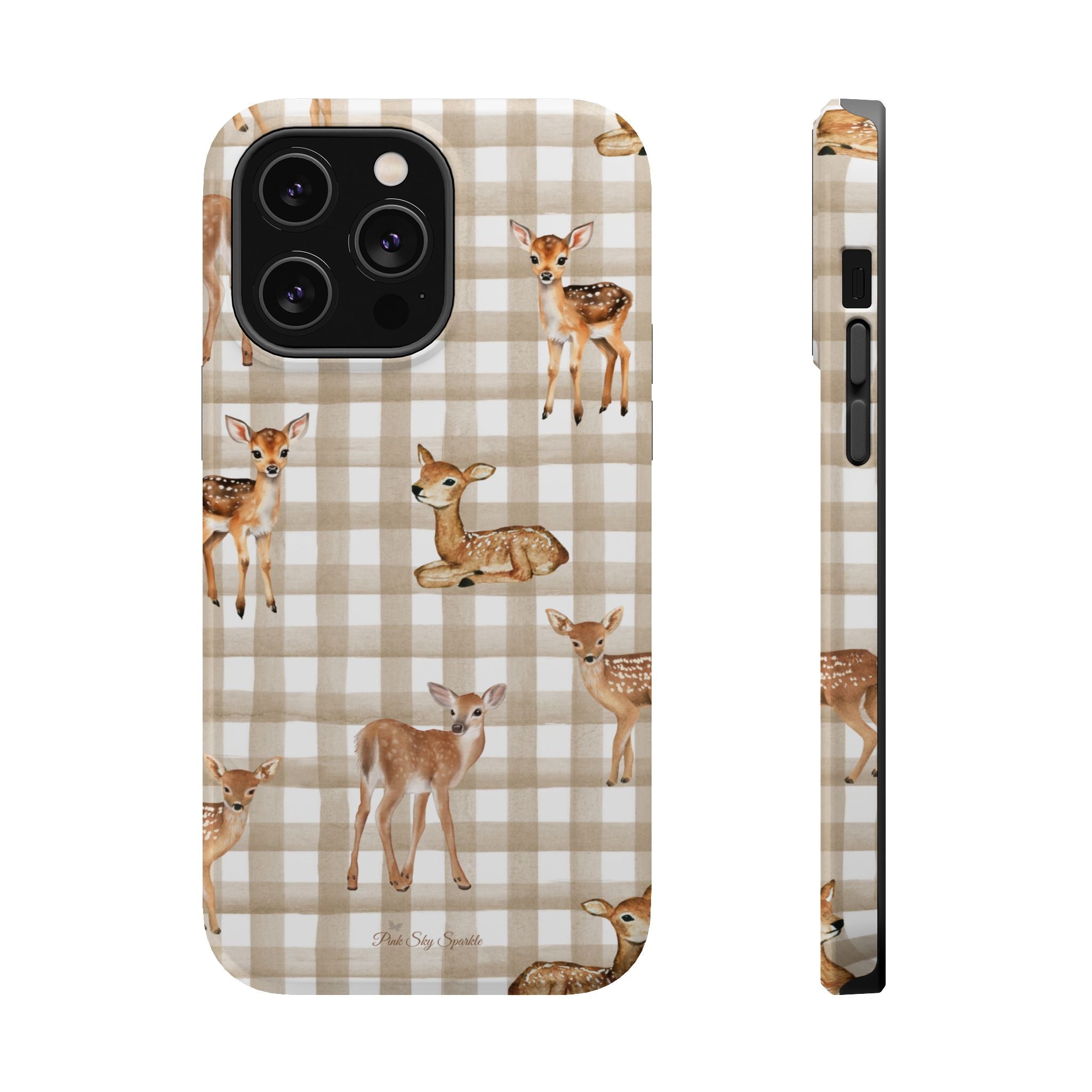 Phone case with deer design on a plaid pattern