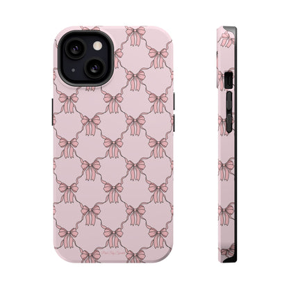 Magnetic iPhone case with a pink background and ballet-inspired pink bows, perfect for adding a touch of elegance and charm to your phone.