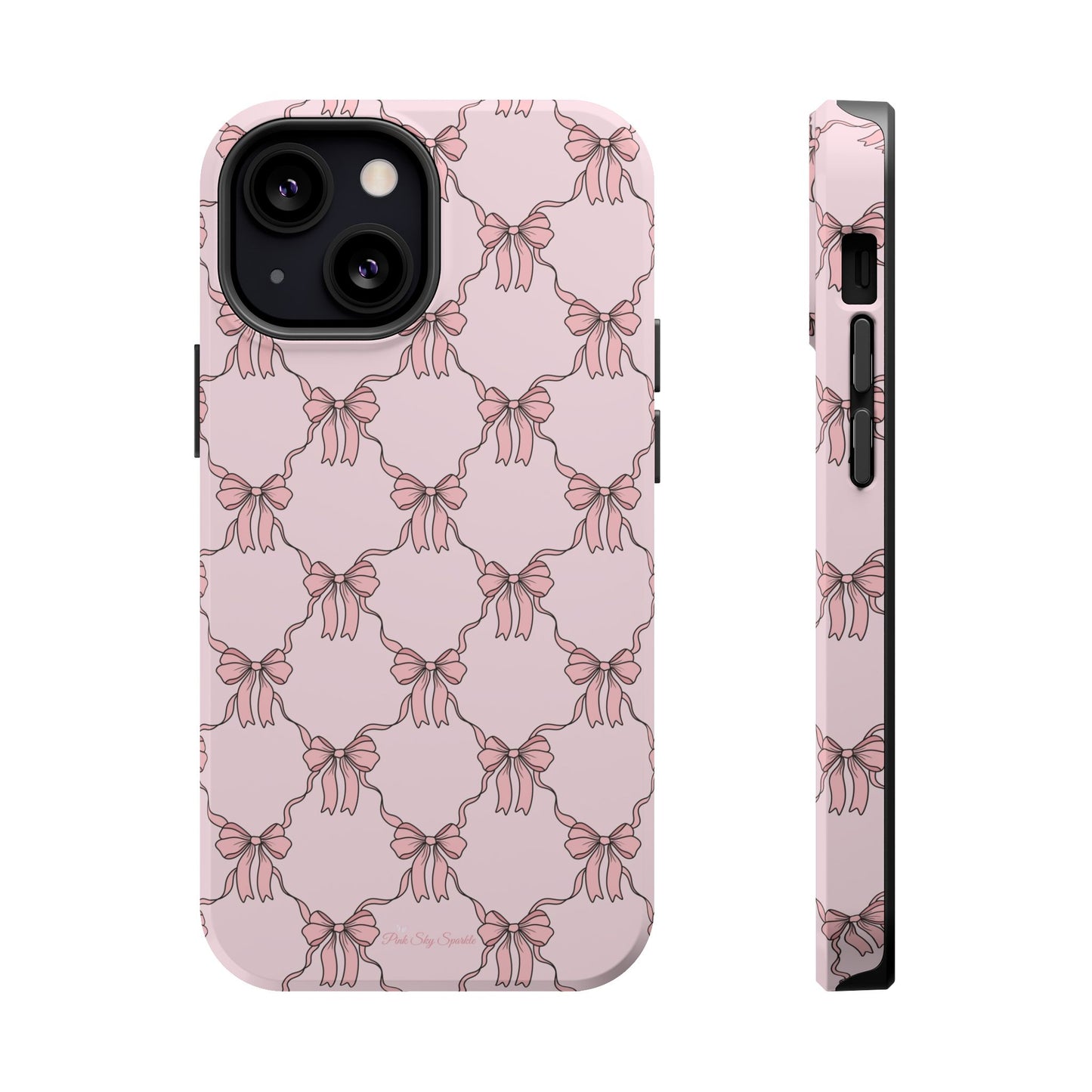 Magnetic iPhone case with a pink background and ballet-inspired pink bows, perfect for adding a touch of elegance and charm to your phone.