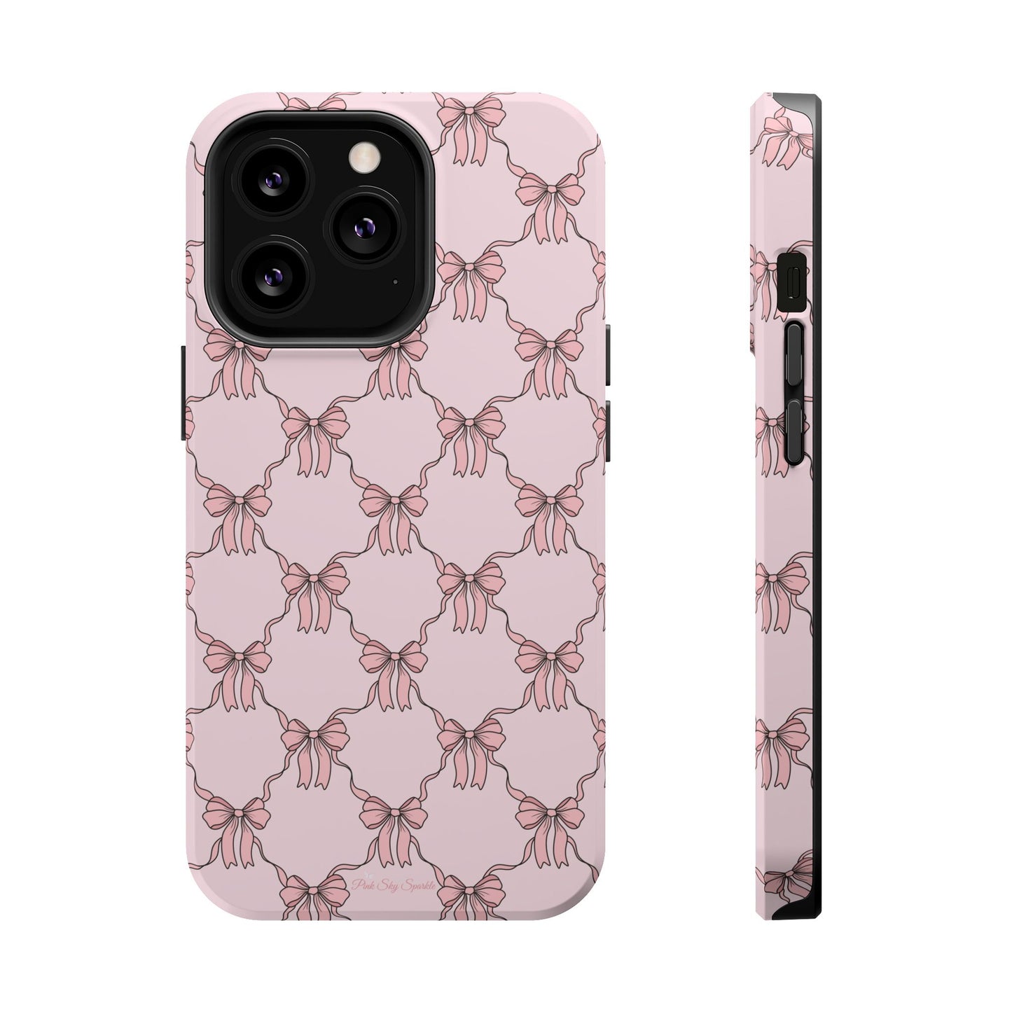 Magnetic iPhone case with a pink background and ballet-inspired pink bows, perfect for adding a touch of elegance and charm to your phone.