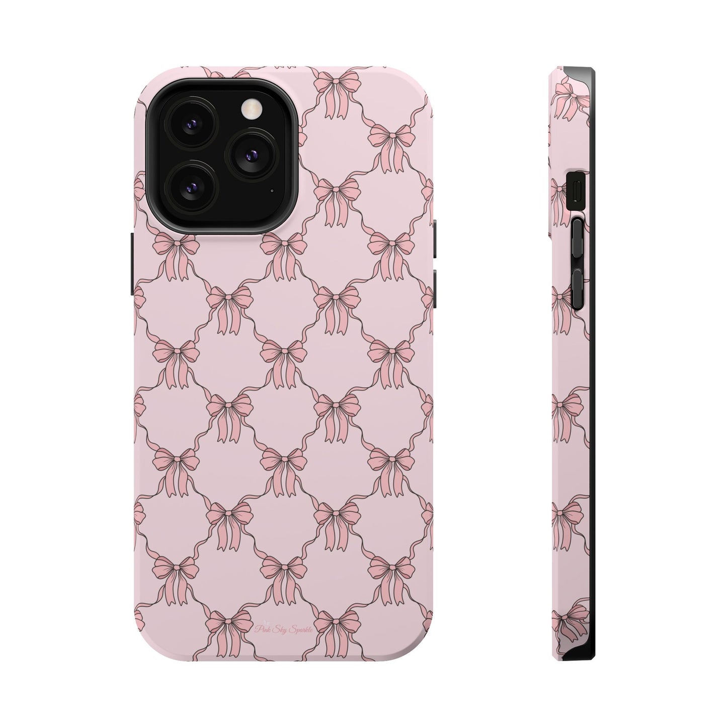 Magnetic iPhone case with a pink background and ballet-inspired pink bows, perfect for adding a touch of elegance and charm to your phone.