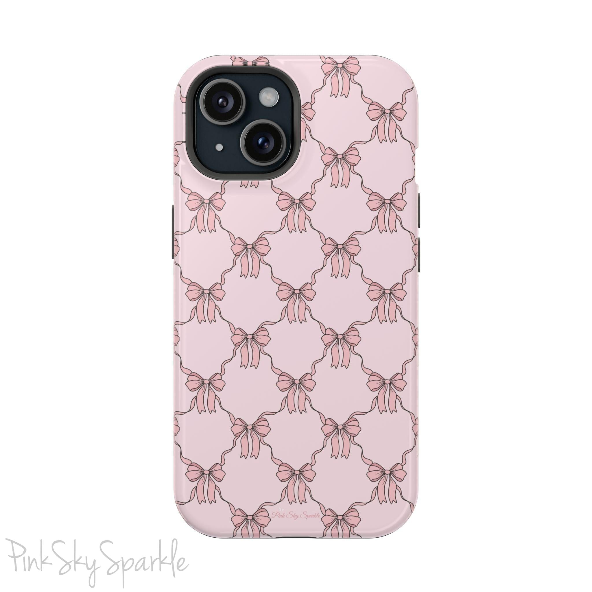 Magnetic iPhone case with a pink background and ballet-inspired pink bows, perfect for adding a touch of elegance and charm to your phone.