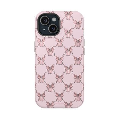 Magnetic iPhone case with a pink background and ballet-inspired pink bows, perfect for adding a touch of elegance and charm to your phone.