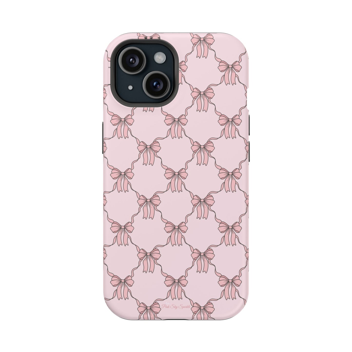 Magnetic iPhone case with a pink background and ballet-inspired pink bows, perfect for adding a touch of elegance and charm to your phone.