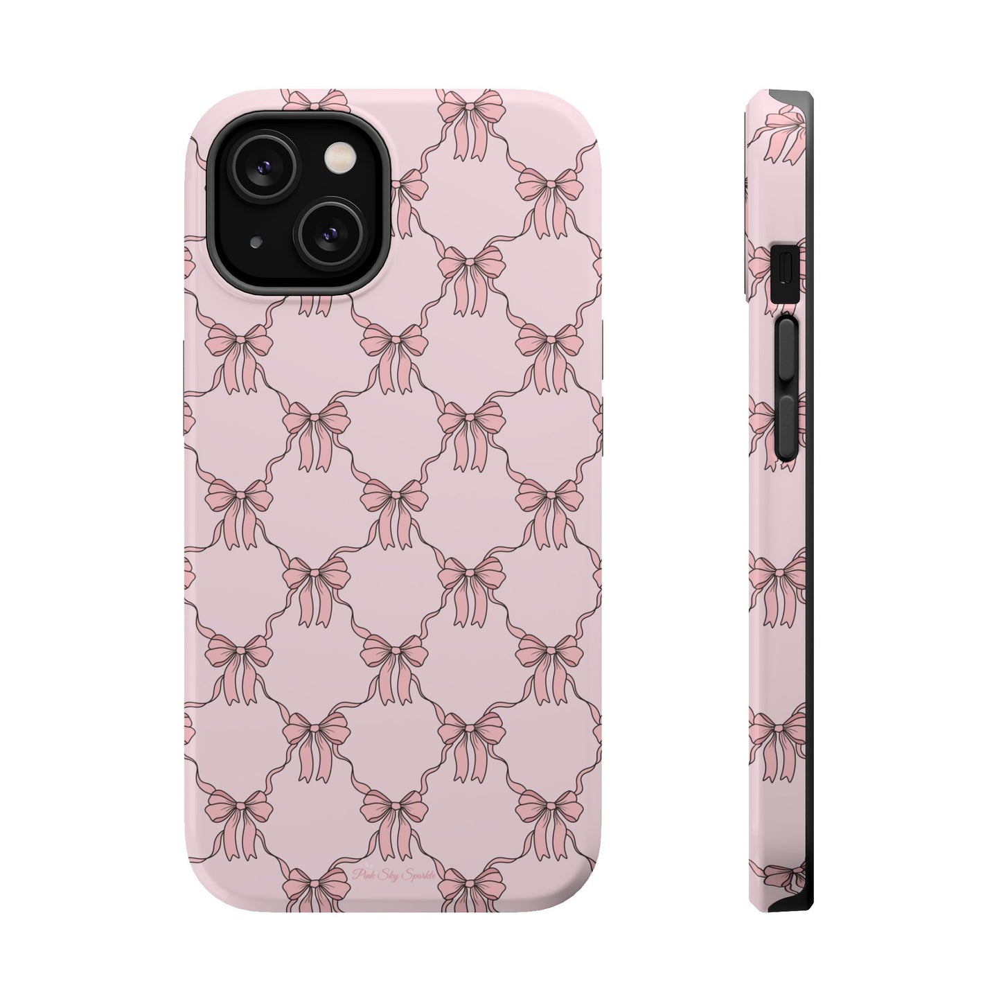 Magnetic iPhone case with a pink background and ballet-inspired pink bows, perfect for adding a touch of elegance and charm to your phone.