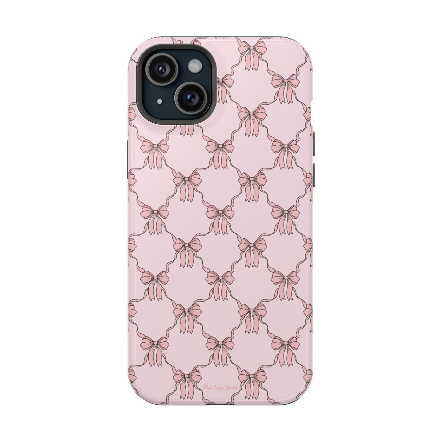 Magnetic iPhone case with a pink background and ballet-inspired pink bows, perfect for adding a touch of elegance and charm to your phone.