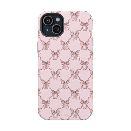 Magnetic iPhone case with a pink background and ballet-inspired pink bows, perfect for adding a touch of elegance and charm to your phone.