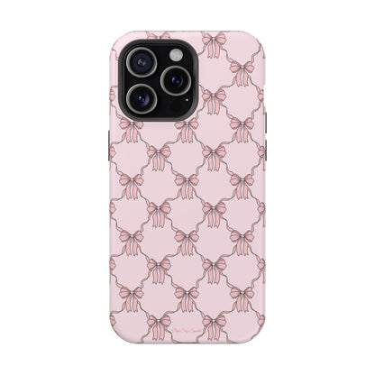 Magnetic iPhone case with a pink background and ballet-inspired pink bows, perfect for adding a touch of elegance and charm to your phone.