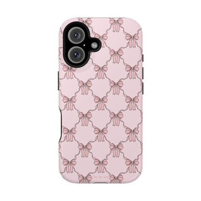 Magnetic iPhone case with a pink background and ballet-inspired pink bows, perfect for adding a touch of elegance and charm to your phone.