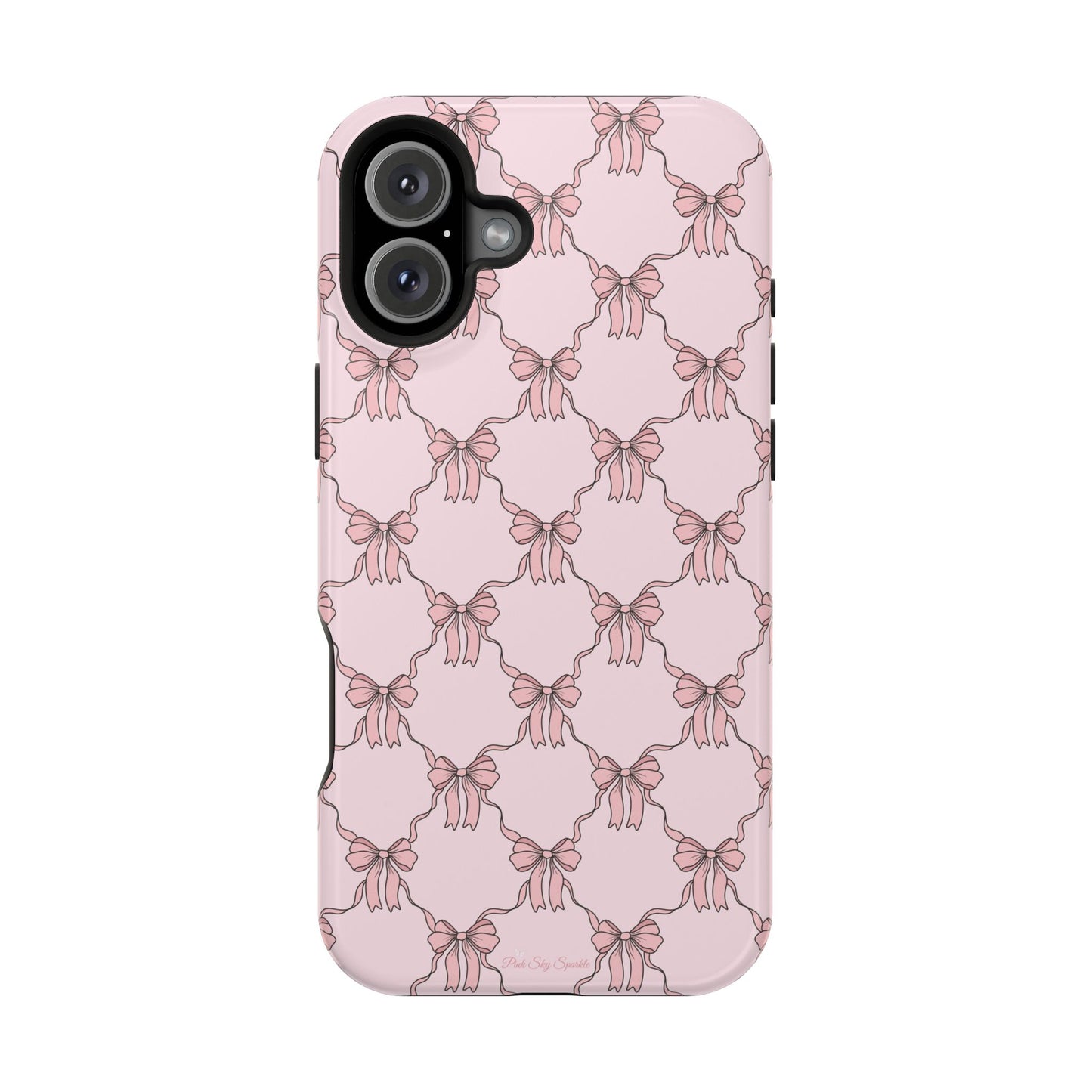 Magnetic iPhone case with a pink background and ballet-inspired pink bows, perfect for adding a touch of elegance and charm to your phone.