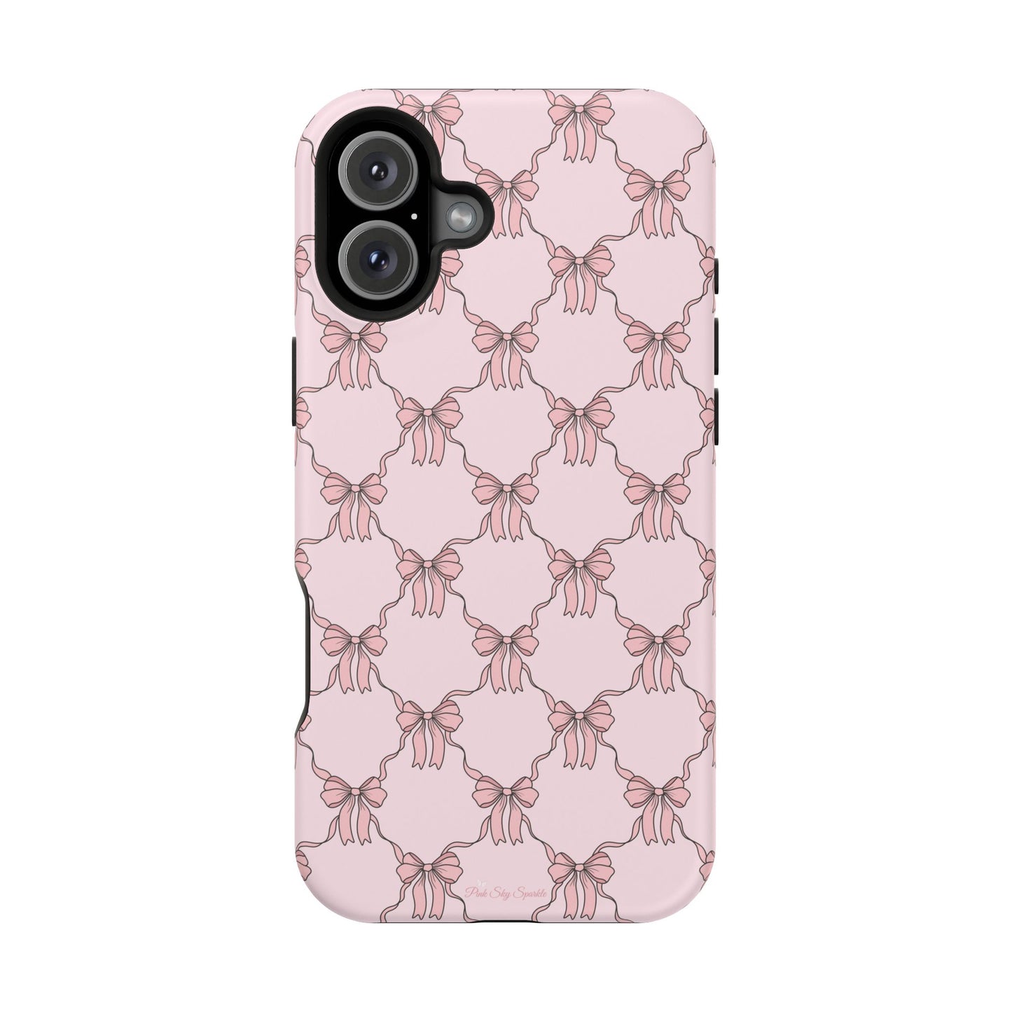 Magnetic iPhone case with a pink background and ballet-inspired pink bows, perfect for adding a touch of elegance and charm to your phone.