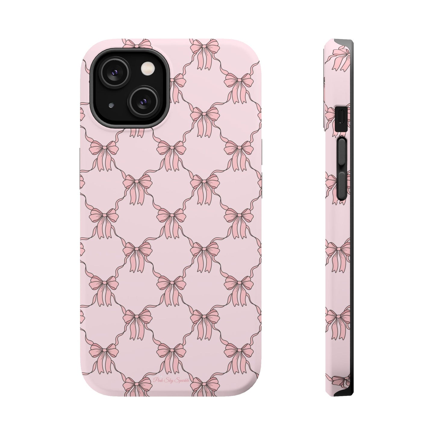 Magnetic iPhone case with a pink background and ballet-inspired pink bows, perfect for adding a touch of elegance and charm to your phone.