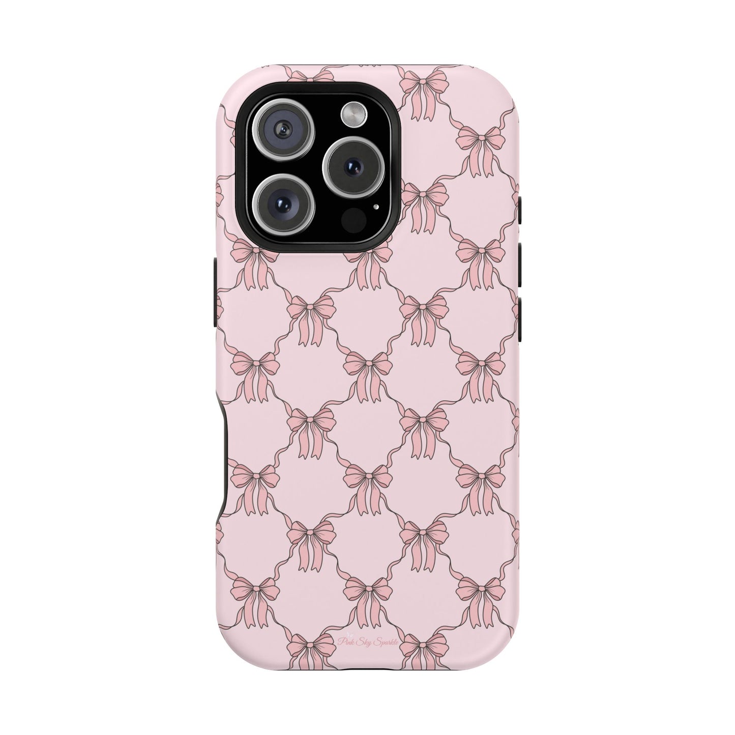 Magnetic iPhone case with a pink background and ballet-inspired pink bows, perfect for adding a touch of elegance and charm to your phone.