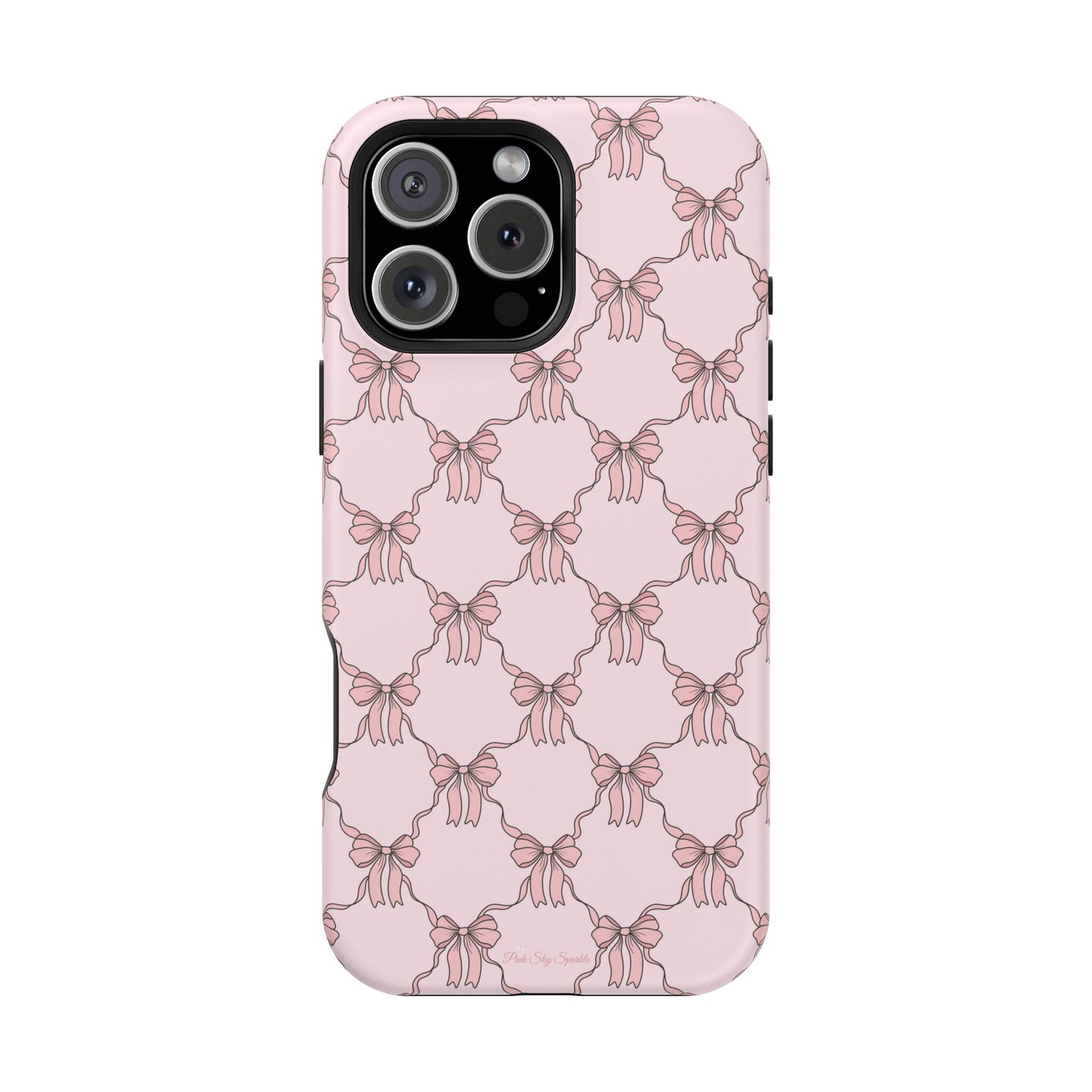 Magnetic iPhone case with a pink background and ballet-inspired pink bows, perfect for adding a touch of elegance and charm to your phone.