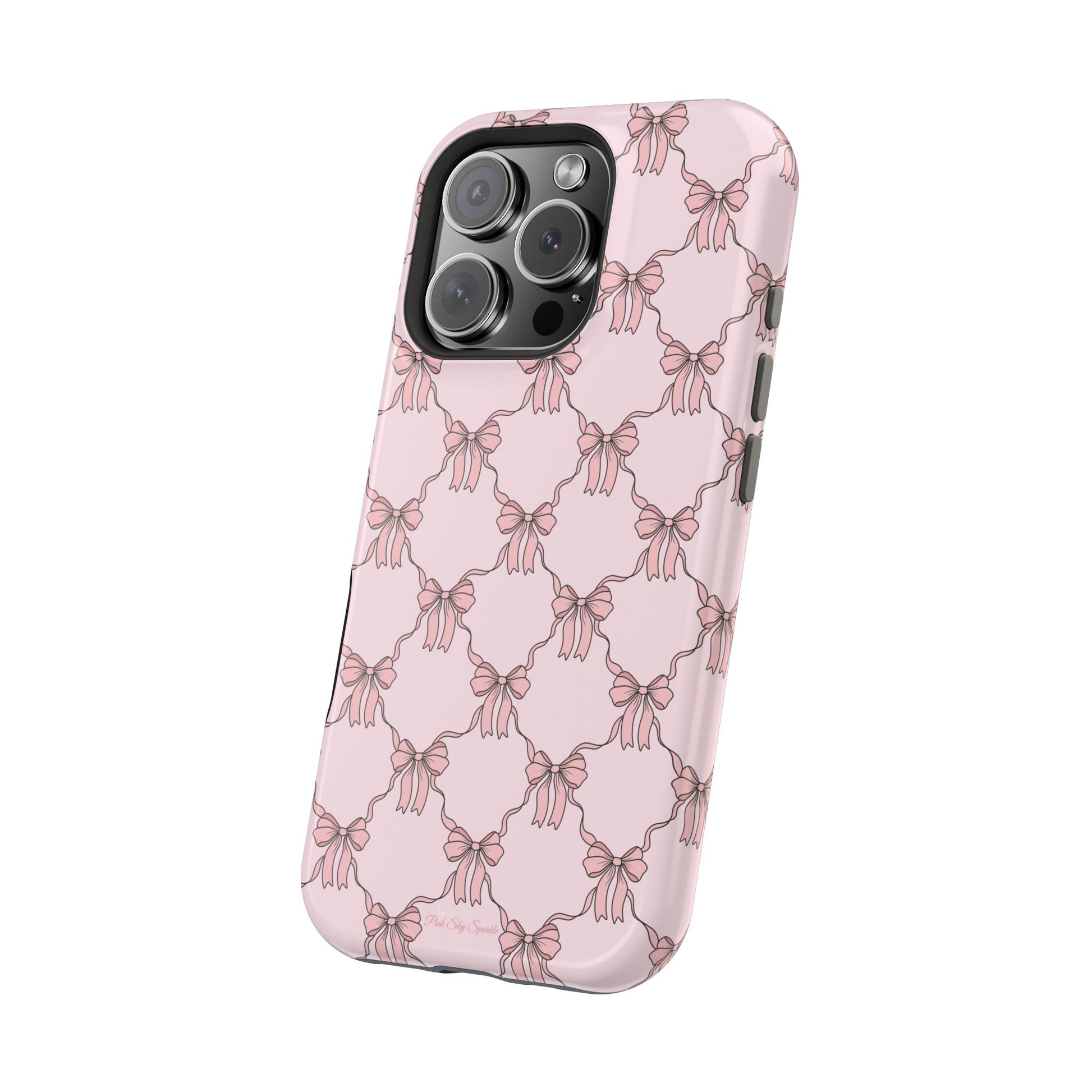 Magnetic iPhone case with a pink background and ballet-inspired pink bows, perfect for adding a touch of elegance and charm to your phone.