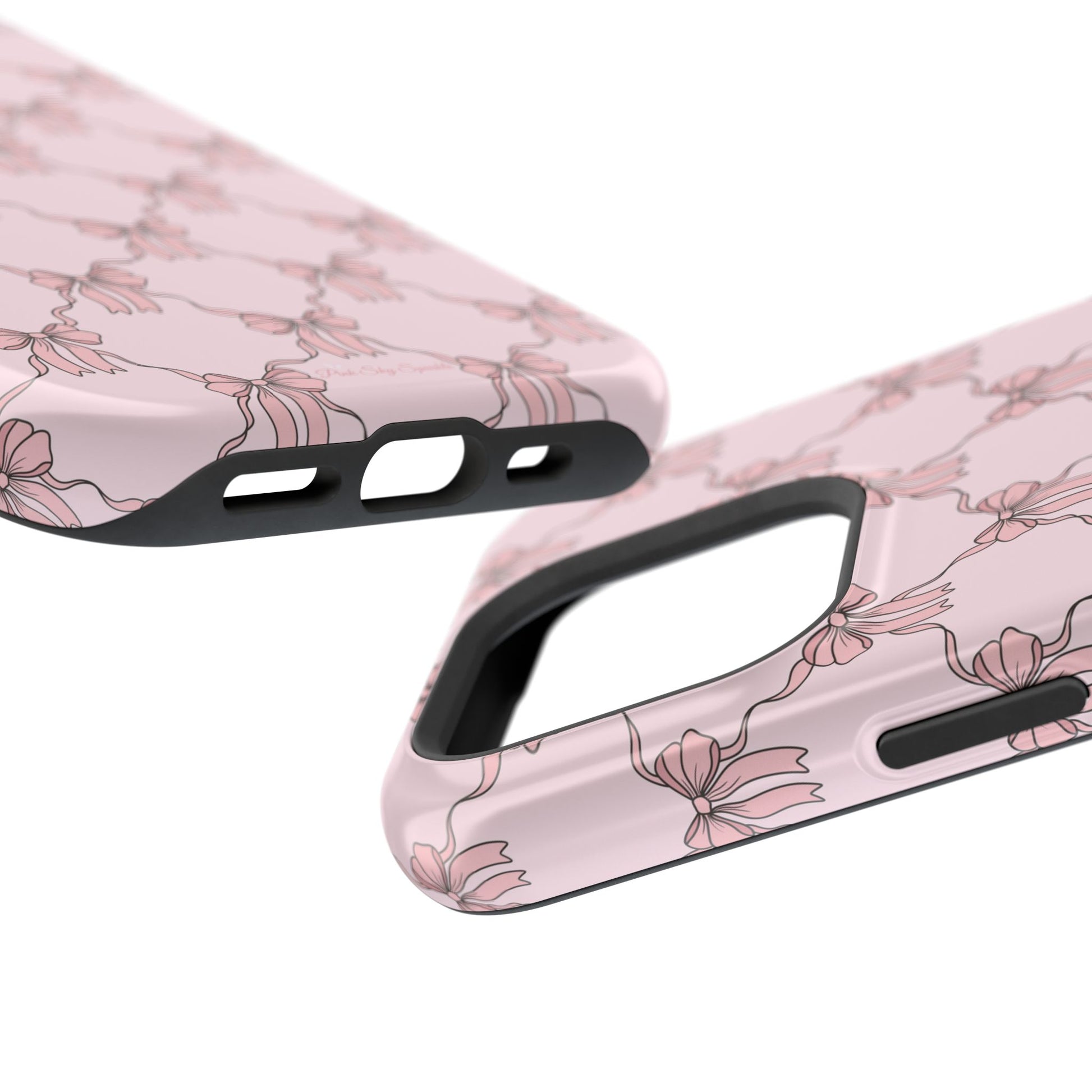 Magnetic iPhone case with a pink background and ballet-inspired pink bows, perfect for adding a touch of elegance and charm to your phone.