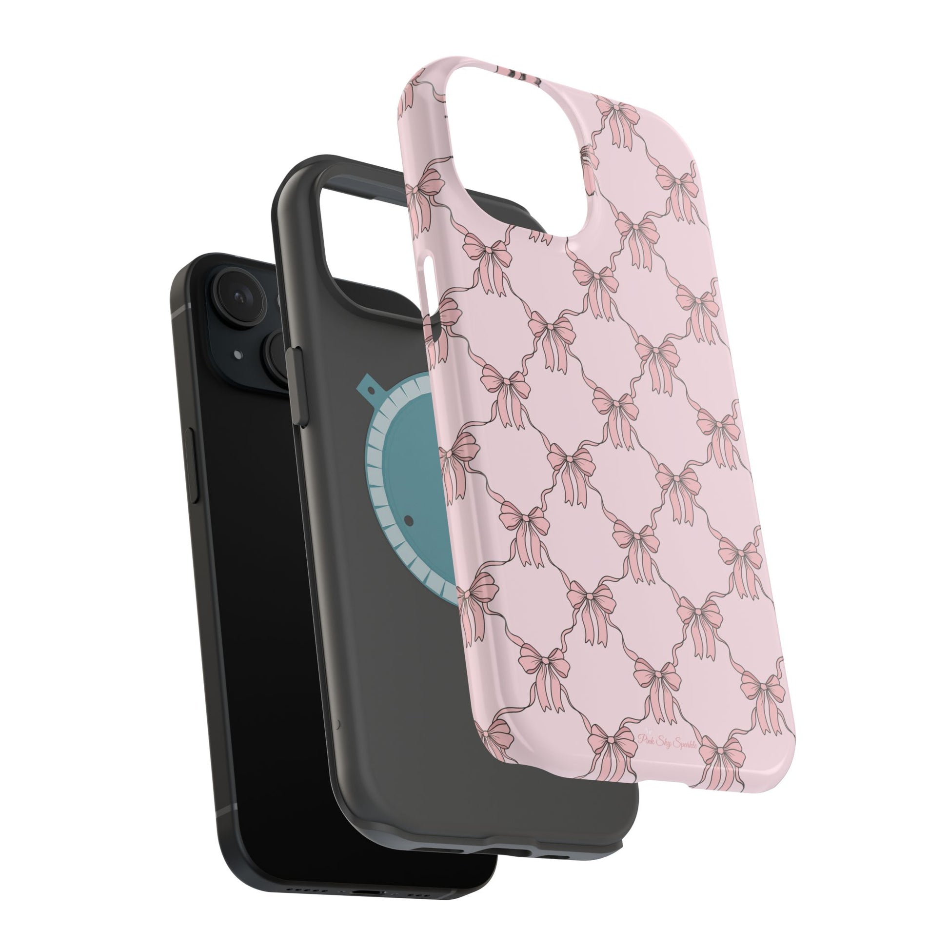 Magnetic iPhone case with a pink background and ballet-inspired pink bows, perfect for adding a touch of elegance and charm to your phone.