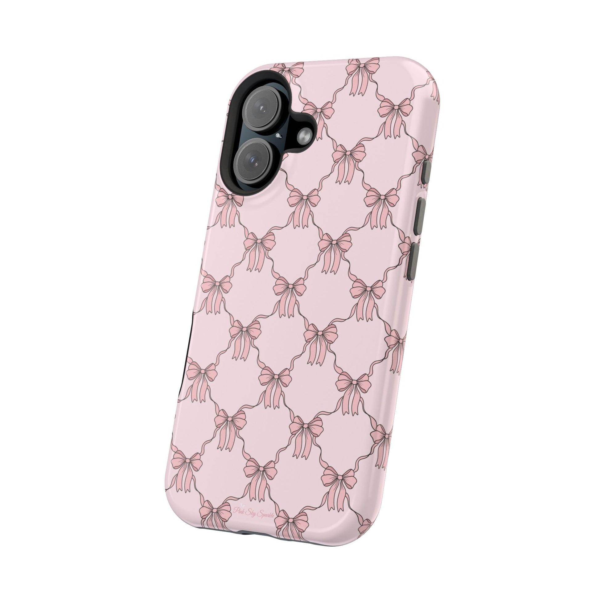 Magnetic iPhone case with a pink background and ballet-inspired pink bows, perfect for adding a touch of elegance and charm to your phone.