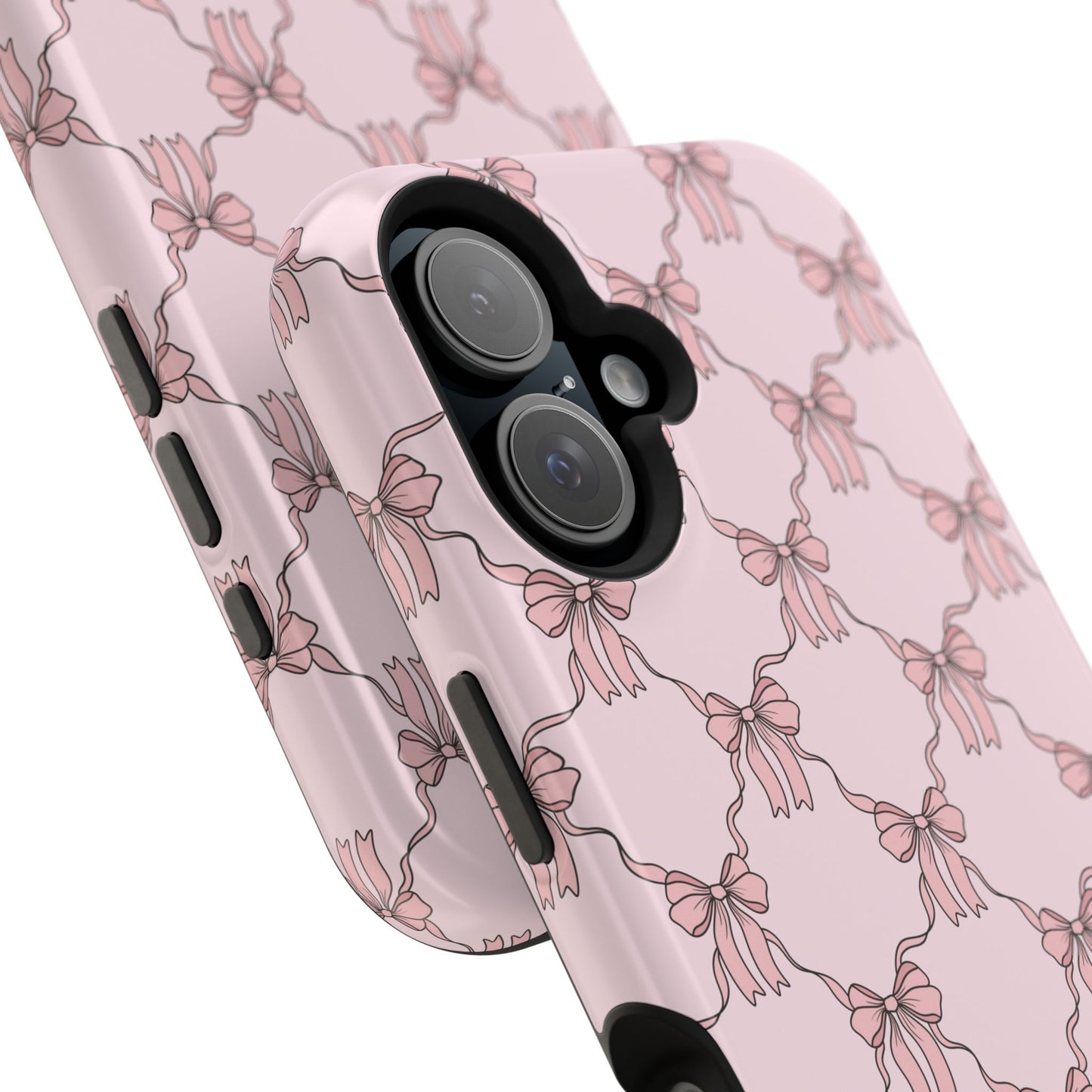 Magnetic iPhone case with a pink background and ballet-inspired pink bows, perfect for adding a touch of elegance and charm to your phone.