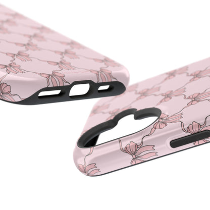 Magnetic iPhone case with a pink background and ballet-inspired pink bows, perfect for adding a touch of elegance and charm to your phone.