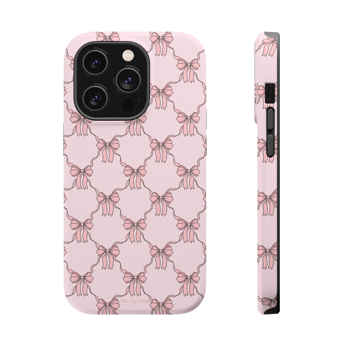 Magnetic iPhone case with a pink background and ballet-inspired pink bows, perfect for adding a touch of elegance and charm to your phone.